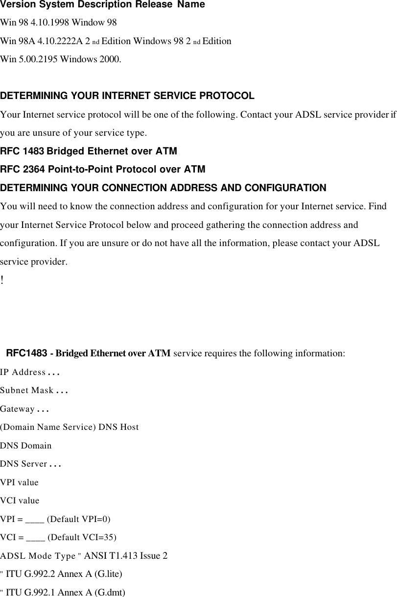 Version System Description Release Name Win 98 4.10.1998 Window 98 Win 98A 4.10.2222A 2 nd Edition Windows 98 2 nd Edition Win 5.00.2195 Windows 2000.  DETERMINING YOUR INTERNET SERVICE PROTOCOL Your Internet service protocol will be one of the following. Contact your ADSL service provider if you are unsure of your service type. RFC 1483 Bridged Ethernet over ATM RFC 2364 Point-to-Point Protocol over ATM DETERMINING YOUR CONNECTION ADDRESS AND CONFIGURATION You will need to know the connection address and configuration for your Internet service. Find your Internet Service Protocol below and proceed gathering the connection address and configuration. If you are unsure or do not have all the information, please contact your ADSL service provider. !     RFC1483 - Bridged Ethernet over ATM service requires the following information: IP Address . . . Subnet Mask . . . Gateway . . . (Domain Name Service) DNS Host DNS Domain DNS Server . . . VPI value VCI value VPI = ____ (Default VPI=0) VCI = ____ (Default VCI=35) ADSL Mode Type &quot; ANSI T1.413 Issue 2 &quot; ITU G.992.2 Annex A (G.lite) &quot; ITU G.992.1 Annex A (G.dmt)    