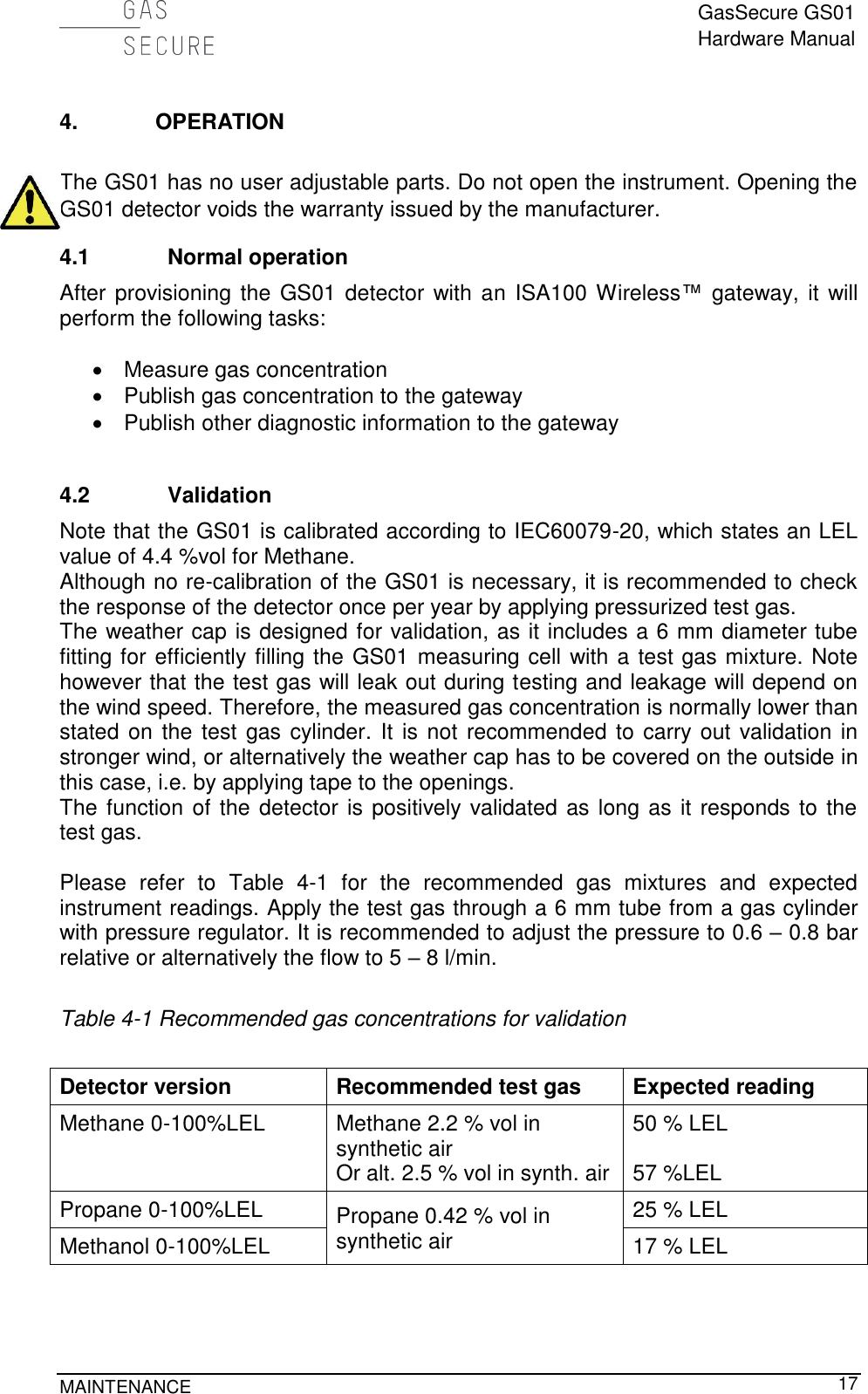  GasSecure GS01 Hardware Manual  MAINTENANCE     17 4. OPERATION  The GS01 has no user adjustable parts. Do not open the instrument. Opening the GS01 detector voids the warranty issued by the manufacturer. 4.1 Normal operation After  provisioning  the GS01 detector with an ISA100 Wireless™  gateway, it will perform the following tasks:     Measure gas concentration   Publish gas concentration to the gateway   Publish other diagnostic information to the gateway  4.2 Validation Note that the GS01 is calibrated according to IEC60079-20, which states an LEL value of 4.4 %vol for Methane. Although no re-calibration of the GS01 is necessary, it is recommended to check the response of the detector once per year by applying pressurized test gas.  The weather cap is designed for validation, as it includes a 6 mm diameter tube fitting for efficiently filling the GS01 measuring cell with a test gas mixture. Note however that the test gas will leak out during testing and leakage will depend on the wind speed. Therefore, the measured gas concentration is normally lower than stated on the  test gas cylinder. It is not recommended to carry out validation in stronger wind, or alternatively the weather cap has to be covered on the outside in this case, i.e. by applying tape to the openings. The  function of the detector is positively validated as long as it responds to the test gas.  Please  refer  to  Table  4-1  for  the  recommended  gas  mixtures  and  expected instrument readings. Apply the test gas through a 6 mm tube from a gas cylinder with pressure regulator. It is recommended to adjust the pressure to 0.6 – 0.8 bar relative or alternatively the flow to 5 – 8 l/min.  Table 4-1 Recommended gas concentrations for validation  Detector version Recommended test gas Expected reading Methane 0-100%LEL Methane 2.2 % vol in synthetic air Or alt. 2.5 % vol in synth. air 50 % LEL  57 %LEL Propane 0-100%LEL Propane 0.42 % vol in synthetic air 25 % LEL Methanol 0-100%LEL 17 % LEL   