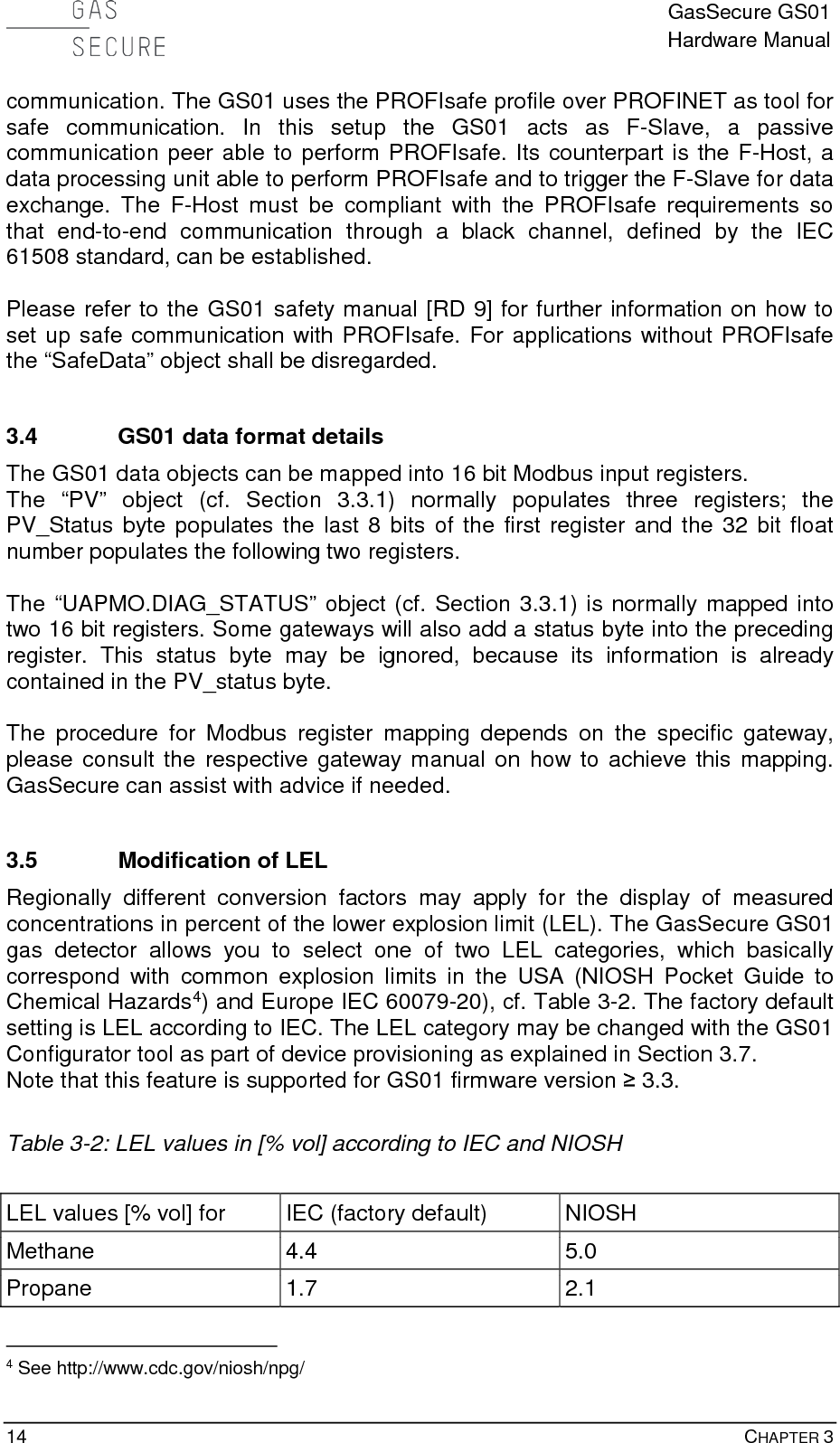  GasSecure GS01 Hardware Manual  14    CHAPTER 3 communication. The GS01 uses the PROFIsafe profile over PROFINET as tool for safe communication. In this setup the GS01 acts as F-Slave, a passive communication peer able to perform PROFIsafe. Its counterpart is the F-Host, a data processing unit able to perform PROFIsafe and to trigger the F-Slave for data exchange. The F-Host must be compliant with the PROFIsafe requirements so that end-to-end communication through a black channel, defined by the IEC 61508 standard, can be established.  Please refer to the GS01 safety manual [RD 9] for further information on how to set up safe communication with PROFIsafe. For applications without PROFIsafe the “SafeData” object shall be disregarded.  3.4 GS01 data format details The GS01 data objects can be mapped into 16 bit Modbus input registers. The  “PV”  object  (cf. Section 3.3.1)  normally populates three registers; the PV_Status byte populates the last 8 bits of the first register and the 32 bit float number populates the following two registers.  The “UAPMO.DIAG_STATUS” object (cf. Section 3.3.1) is normally mapped into two 16 bit registers. Some gateways will also add a status byte into the preceding register. This status byte  may be ignored, because its information is already contained in the PV_status byte.   The  procedure for Modbus register mapping depends on the  specific  gateway, please consult the respective gateway manual on how to achieve this mapping. GasSecure can assist with advice if needed.  3.5 Modification of LEL Regionally different conversion factors may apply for the display of measured concentrations in percent of the lower explosion limit (LEL). The GasSecure GS01 gas detector allows you to select one of two LEL categories, which basically correspond with common explosion limits in the USA (NIOSH Pocket Guide to Chemical Hazards4) and Europe IEC 60079-20), cf. Table 3-2. The factory default setting is LEL according to IEC. The LEL category may be changed with the GS01 Configurator tool as part of device provisioning as explained in Section 3.7. Note that this feature is supported for GS01 firmware version ≥ 3.3.  Table 3-2: LEL values in [% vol] according to IEC and NIOSH  LEL values [% vol] for IEC (factory default) NIOSH Methane 4.4 5.0 Propane 1.7 2.1                                             4 See http://www.cdc.gov/niosh/npg/ 