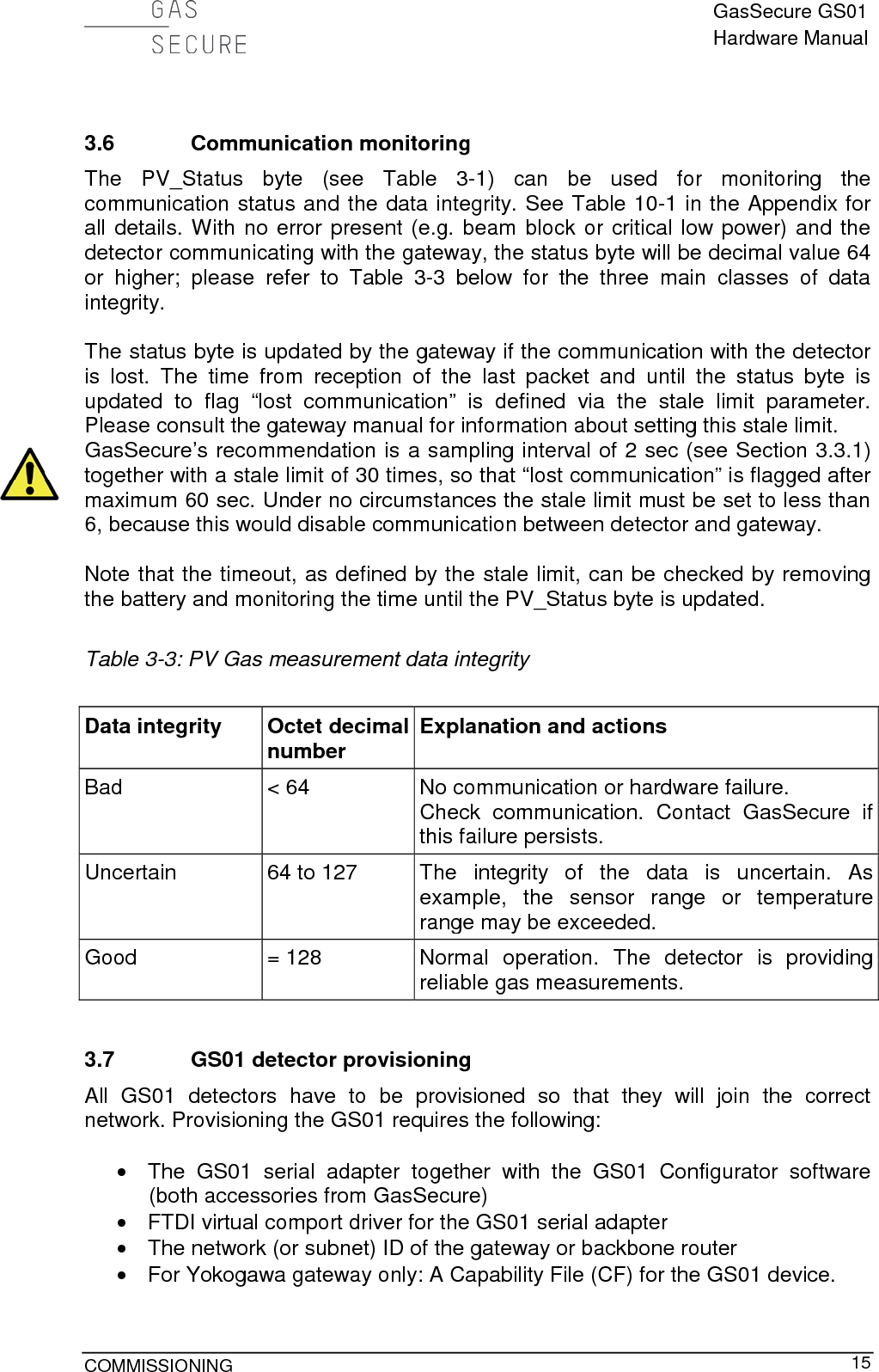  GasSecure GS01 Hardware Manual  COMMISSIONING     15  3.6 Communication monitoring The  PV_Status  byte (see Table  3-1) can be used for monitoring the communication status and the data integrity. See Table 10-1 in the Appendix for all details. With no error present (e.g. beam block or critical low power) and the detector communicating with the gateway, the status byte will be decimal value 64 or higher; please refer to Table  3-3  below for the three main classes of data integrity.  The status byte is updated by the gateway if the communication with the detector is lost. The time from reception of the last packet and until the status byte is updated to flag “lost communication” is defined via the stale limit parameter. Please consult the gateway manual for information about setting this stale limit.  GasSecure’s recommendation is a sampling interval of 2 sec (see Section 3.3.1) together with a stale limit of 30 times, so that “lost communication” is flagged after maximum 60 sec. Under no circumstances the stale limit must be set to less than 6, because this would disable communication between detector and gateway.  Note that the timeout, as defined by the stale limit, can be checked by removing the battery and monitoring the time until the PV_Status byte is updated.   Table 3-3: PV Gas measurement data integrity  Data integrity Octet decimal number Explanation and actions Bad &lt; 64 No communication or hardware failure. Check communication. Contact GasSecure if this failure persists. Uncertain 64 to 127 The integrity of the data is uncertain. As example, the sensor range or temperature range may be exceeded. Good = 128 Normal operation. The detector is providing reliable gas measurements.  3.7 GS01 detector provisioning All GS01 detectors have to be provisioned so that they will join the correct network. Provisioning the GS01 requires the following:  • The GS01 serial adapter together with the GS01 Configurator software (both accessories from GasSecure) • FTDI virtual comport driver for the GS01 serial adapter  • The network (or subnet) ID of the gateway or backbone router • For Yokogawa gateway only: A Capability File (CF) for the GS01 device. 