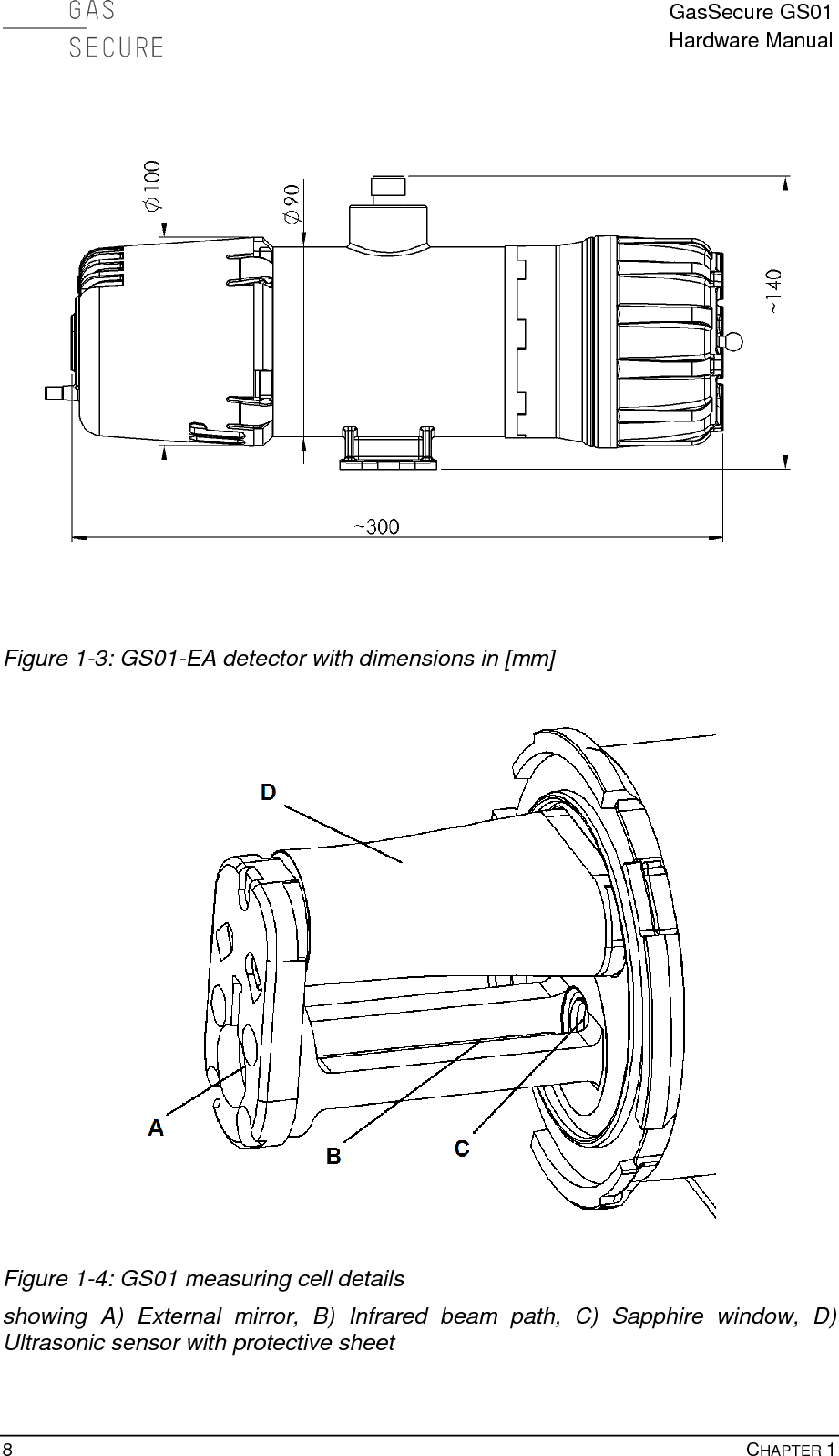  GasSecure GS01 Hardware Manual  8    CHAPTER 1    Figure 1-3: GS01-EA detector with dimensions in [mm]    Figure 1-4: GS01 measuring cell details showing A) External mirror, B) Infrared beam path, C) Sapphire window, D) Ultrasonic sensor with protective sheet 