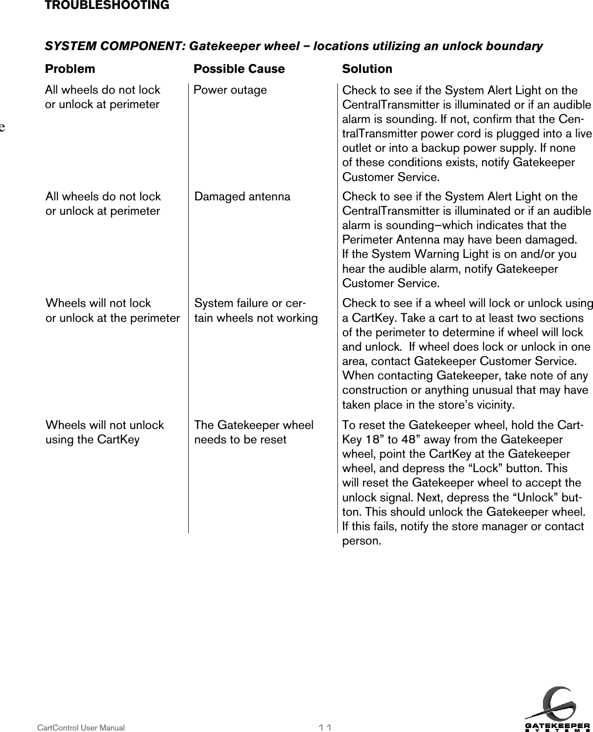 TROUBLESHOOTING        SYSTEM COMPONENT: Gatekeeper wheel – locations utilizing an unlock boundaryProblem      Possible Cause    SolutionAll wheels do not lock   Power outage or unlock at perimeterCartControl User Manual                   11Check to see if the System Alert Light on the CentralTransmitter is illuminated or if an audible alarm is sounding. If not, conﬁrm that the Cen-tralTransmitter power cord is plugged into a live outlet or into a backup power supply. If none of these conditions exists, notify Gatekeeper Customer Service.All wheels do not lock or unlock at perimeterDamaged antenna Check to see if the System Alert Light on the CentralTransmitter is illuminated or if an audible alarm is sounding—which indicates that the  Perimeter Antenna may have been damaged.  If the System Warning Light is on and/or you hear the audible alarm, notify Gatekeeper  Customer Service.Wheels will not lock or unlock at the perimeterSystem failure or cer-tain wheels not workingCheck to see if a wheel will lock or unlock using a CartKey. Take a cart to at least two sections of the perimeter to determine if wheel will lock and unlock.  If wheel does lock or unlock in one area, contact Gatekeeper Customer Service. When contacting Gatekeeper, take note of any construction or anything unusual that may have taken place in the store’s vicinity.Wheels will not unlock  using the CartKeyThe Gatekeeper wheel needs to be resetTo reset the Gatekeeper wheel, hold the Cart-Key 18” to 48” away from the Gatekeeper wheel, point the CartKey at the Gatekeeper wheel, and depress the “Lock” button. This will reset the Gatekeeper wheel to accept the unlock signal. Next, depress the “Unlock” but-ton. This should unlock the Gatekeeper wheel. If this fails, notify the store manager or contact person.…Now that we added a page the Table of Contents will need to be updated from page 12 on.…Now that we added a page, we will not print on the interior covers.  Right now the front and back interior covers have printing on them.  In your layout, please adjust since by adding one printed page we will actually be adding 4 pages for printing.  Call if you are confused.