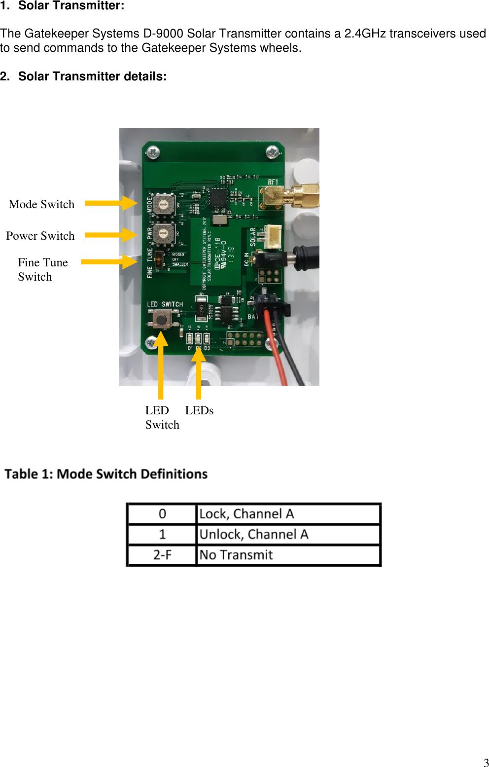 3  1.  Solar Transmitter:   The Gatekeeper Systems D-9000 Solar Transmitter contains a 2.4GHz transceivers used to send commands to the Gatekeeper Systems wheels.   2.  Solar Transmitter details:                                 Mode Switch LED  Switch LEDs     Power Switch    Fine Tune             Switch 