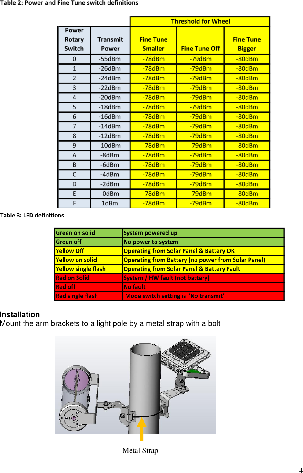 4     Installation Mount the arm brackets to a light pole by a metal strap with a bolt                    Metal Strap 