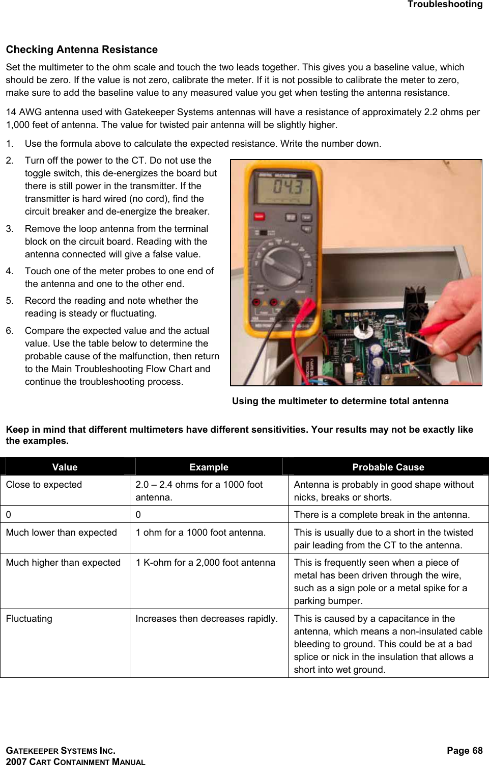 Troubleshooting GATEKEEPER SYSTEMS INC. 2007 CART CONTAINMENT MANUAL Page 68  Using the multimeter to determine total antenna Checking Antenna Resistance Set the multimeter to the ohm scale and touch the two leads together. This gives you a baseline value, which should be zero. If the value is not zero, calibrate the meter. If it is not possible to calibrate the meter to zero, make sure to add the baseline value to any measured value you get when testing the antenna resistance.  14 AWG antenna used with Gatekeeper Systems antennas will have a resistance of approximately 2.2 ohms per 1,000 feet of antenna. The value for twisted pair antenna will be slightly higher.  1.  Use the formula above to calculate the expected resistance. Write the number down. 2.  Turn off the power to the CT. Do not use the toggle switch, this de-energizes the board but there is still power in the transmitter. If the transmitter is hard wired (no cord), find the circuit breaker and de-energize the breaker. 3.  Remove the loop antenna from the terminal block on the circuit board. Reading with the antenna connected will give a false value.  4.  Touch one of the meter probes to one end of the antenna and one to the other end.  5.  Record the reading and note whether the reading is steady or fluctuating. 6.  Compare the expected value and the actual value. Use the table below to determine the probable cause of the malfunction, then return to the Main Troubleshooting Flow Chart and continue the troubleshooting process.       Keep in mind that different multimeters have different sensitivities. Your results may not be exactly like the examples.  Value  Example  Probable Cause Close to expected   2.0 – 2.4 ohms for a 1000 foot antenna. Antenna is probably in good shape without nicks, breaks or shorts. 0  0  There is a complete break in the antenna.  Much lower than expected  1 ohm for a 1000 foot antenna.  This is usually due to a short in the twisted pair leading from the CT to the antenna.  Much higher than expected  1 K-ohm for a 2,000 foot antenna  This is frequently seen when a piece of metal has been driven through the wire, such as a sign pole or a metal spike for a parking bumper. Fluctuating  Increases then decreases rapidly.  This is caused by a capacitance in the antenna, which means a non-insulated cable bleeding to ground. This could be at a bad splice or nick in the insulation that allows a short into wet ground.   