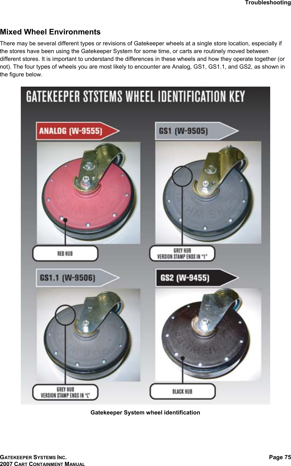Troubleshooting GATEKEEPER SYSTEMS INC. 2007 CART CONTAINMENT MANUAL Page 75  Mixed Wheel Environments There may be several different types or revisions of Gatekeeper wheels at a single store location, especially if the stores have been using the Gatekeeper System for some time, or carts are routinely moved between different stores. It is important to understand the differences in these wheels and how they operate together (or not). The four types of wheels you are most likely to encounter are Analog, GS1, GS1.1, and GS2, as shown in the figure below.    Gatekeeper System wheel identification 