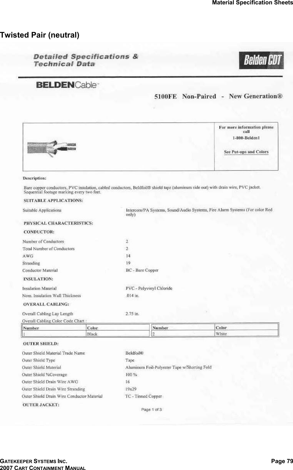 Material Specification Sheets GATEKEEPER SYSTEMS INC. 2007 CART CONTAINMENT MANUAL Page 79  Twisted Pair (neutral)  