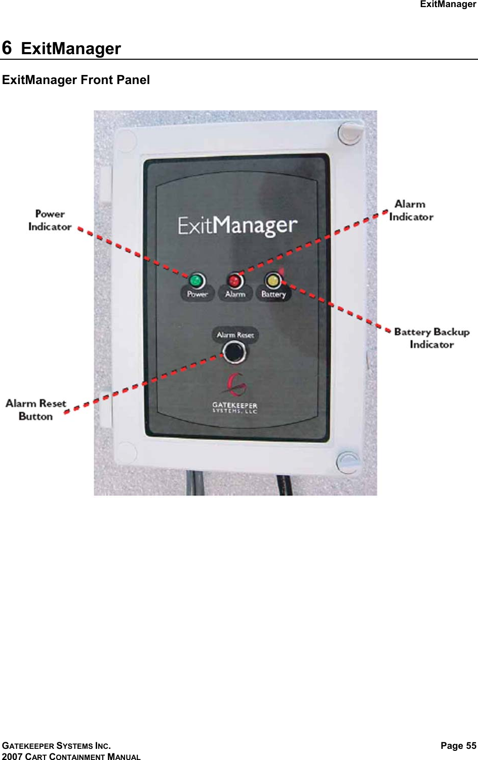ExitManager GATEKEEPER SYSTEMS INC. 2007 CART CONTAINMENT MANUAL Page 55  6  ExitManager ExitManager Front Panel   