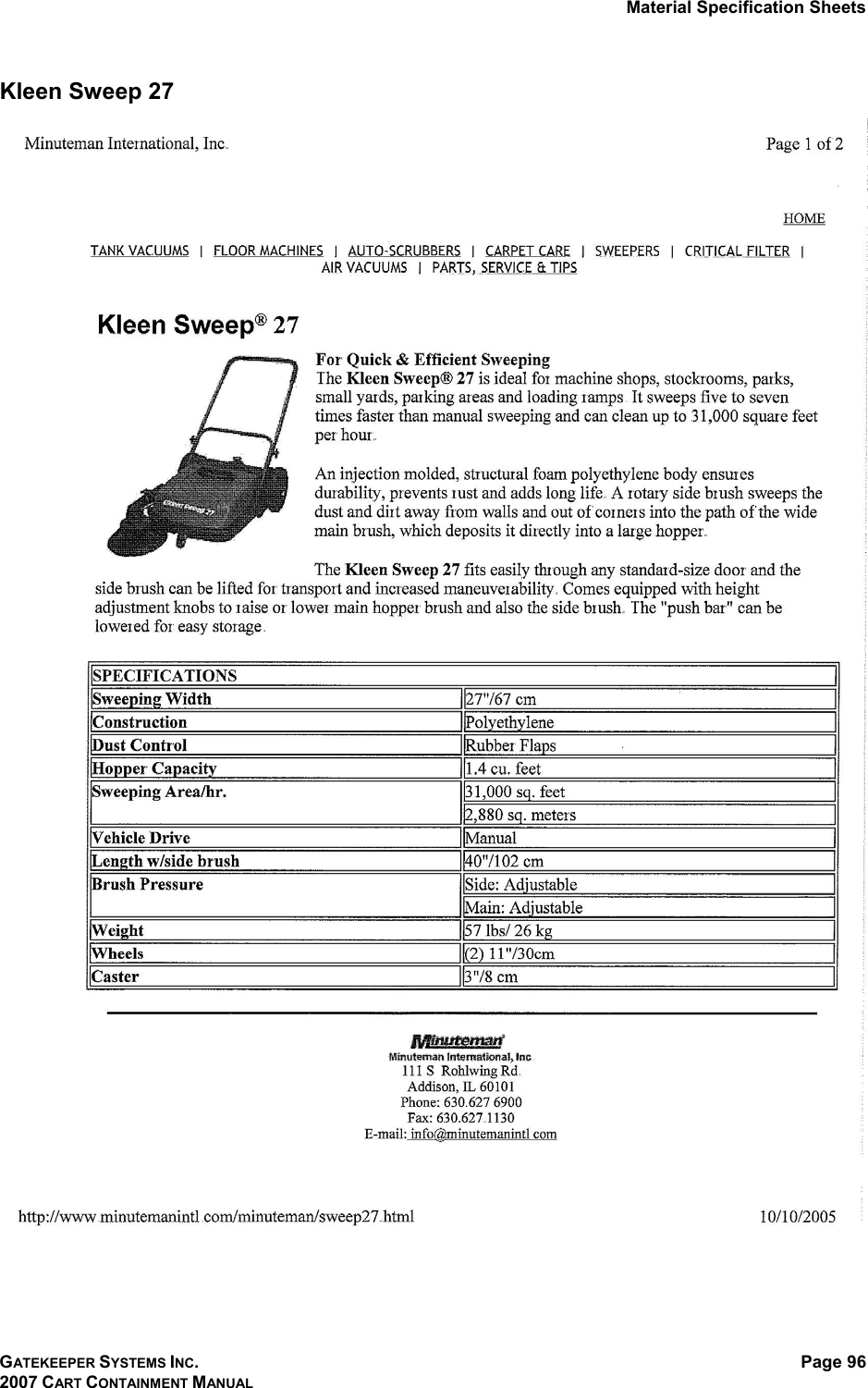 Material Specification Sheets GATEKEEPER SYSTEMS INC. 2007 CART CONTAINMENT MANUAL Page 96  Kleen Sweep 27    