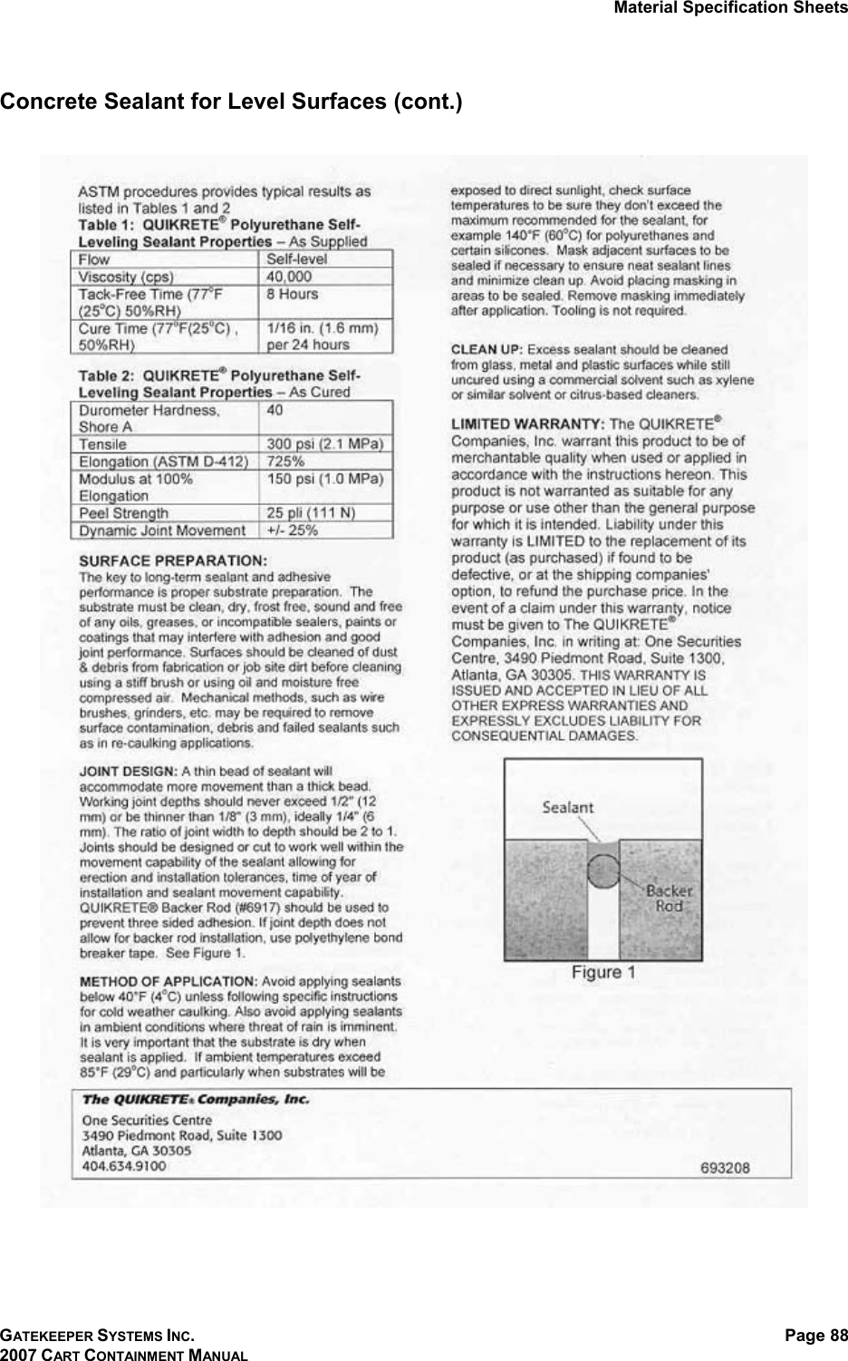 Material Specification Sheets GATEKEEPER SYSTEMS INC. 2007 CART CONTAINMENT MANUAL Page 88  Concrete Sealant for Level Surfaces (cont.)    
