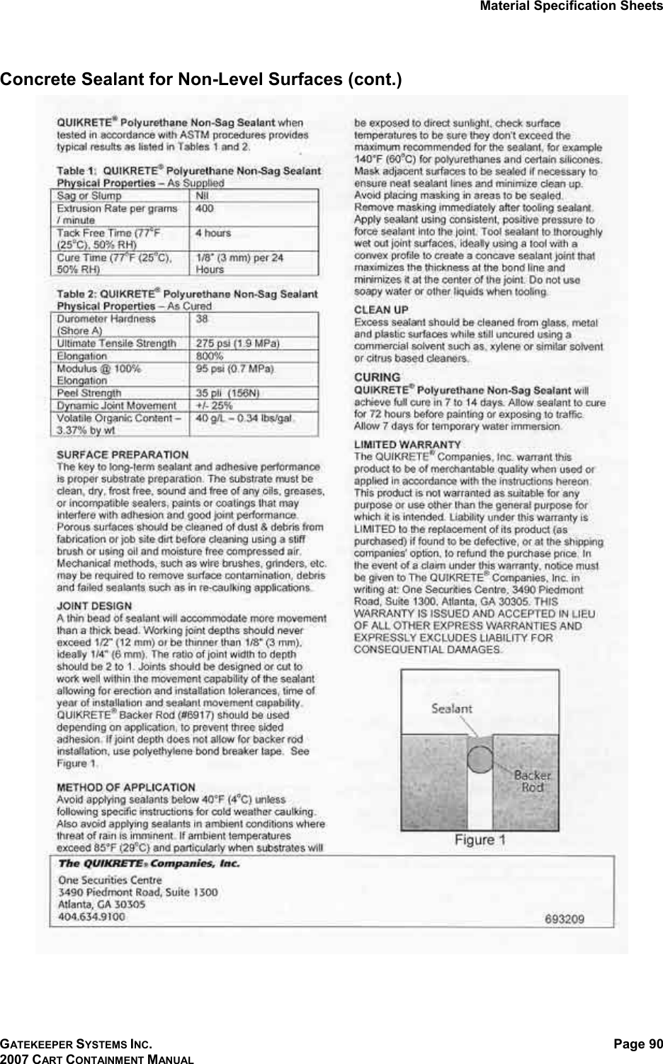 Material Specification Sheets GATEKEEPER SYSTEMS INC. 2007 CART CONTAINMENT MANUAL Page 90  Concrete Sealant for Non-Level Surfaces (cont.)   