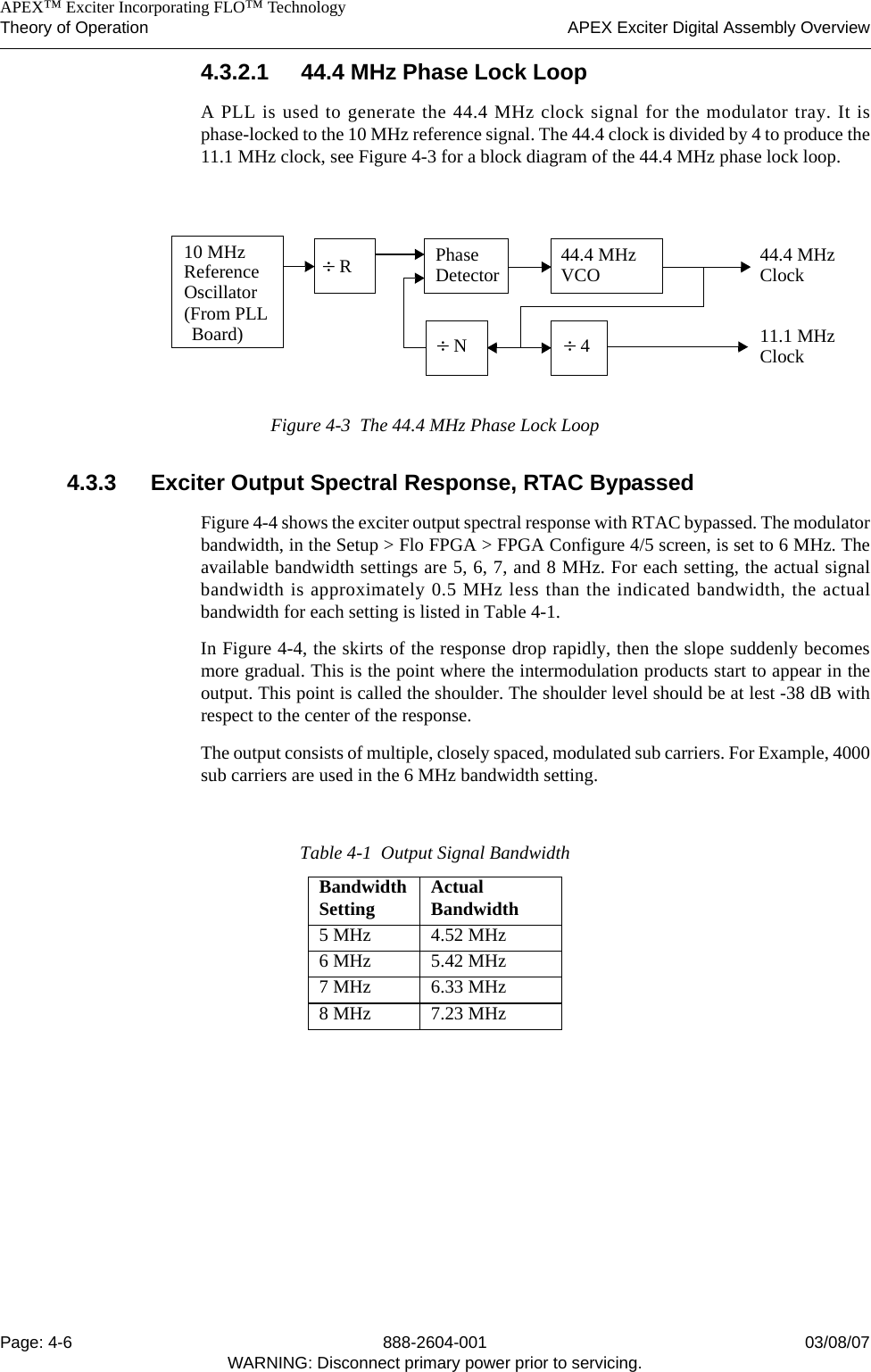    APEX™ Exciter Incorporating FLO™ TechnologyTheory of Operation APEX Exciter Digital Assembly OverviewPage: 4-6 888-2604-001 03/08/07WARNING: Disconnect primary power prior to servicing.4.3.2.1 44.4 MHz Phase Lock LoopA PLL is used to generate the 44.4 MHz clock signal for the modulator tray. It isphase-locked to the 10 MHz reference signal. The 44.4 clock is divided by 4 to produce the11.1 MHz clock, see Figure 4-3 for a block diagram of the 44.4 MHz phase lock loop. Figure 4-3  The 44.4 MHz Phase Lock Loop4.3.3 Exciter Output Spectral Response, RTAC BypassedFigure 4-4 shows the exciter output spectral response with RTAC bypassed. The modulatorbandwidth, in the Setup &gt; Flo FPGA &gt; FPGA Configure 4/5 screen, is set to 6 MHz. Theavailable bandwidth settings are 5, 6, 7, and 8 MHz. For each setting, the actual signalbandwidth is approximately 0.5 MHz less than the indicated bandwidth, the actualbandwidth for each setting is listed in Table 4-1.In Figure 4-4, the skirts of the response drop rapidly, then the slope suddenly becomesmore gradual. This is the point where the intermodulation products start to appear in theoutput. This point is called the shoulder. The shoulder level should be at lest -38 dB withrespect to the center of the response.The output consists of multiple, closely spaced, modulated sub carriers. For Example, 4000sub carriers are used in the 6 MHz bandwidth setting.Table 4-1  Output Signal BandwidthBandwidth Setting Actual Bandwidth5 MHz 4.52 MHz6 MHz 5.42 MHz7 MHz 6.33 MHz8 MHz 7.23 MHz÷ R÷ NPhaseDetector 44.4 MHz VCO÷ 410 MHz Reference 44.4 MHzClock11.1 MHzClockOscillator(From PLLBoard)