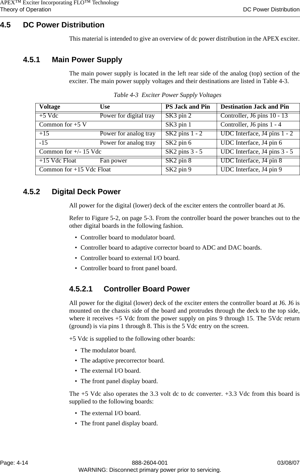    APEX™ Exciter Incorporating FLO™ TechnologyTheory of Operation DC Power DistributionPage: 4-14 888-2604-001 03/08/07WARNING: Disconnect primary power prior to servicing.4.5 DC Power DistributionThis material is intended to give an overview of dc power distribution in the APEX exciter.4.5.1 Main Power SupplyThe main power supply is located in the left rear side of the analog (top) section of theexciter. The main power supply voltages and their destinations are listed in Table 4-3. 4.5.2 Digital Deck PowerAll power for the digital (lower) deck of the exciter enters the controller board at J6.Refer to Figure 5-2, on page 5-3. From the controller board the power branches out to theother digital boards in the following fashion. • Controller board to modulator board.• Controller board to adaptive corrector board to ADC and DAC boards.• Controller board to external I/O board.• Controller board to front panel board.4.5.2.1 Controller Board PowerAll power for the digital (lower) deck of the exciter enters the controller board at J6. J6 ismounted on the chassis side of the board and protrudes through the deck to the top side,where it receives +5 Vdc from the power supply on pins 9 through 15. The 5Vdc return(ground) is via pins 1 through 8. This is the 5 Vdc entry on the screen.+5 Vdc is supplied to the following other boards:• The modulator board.• The adaptive precorrector board.• The external I/O board.• The front panel display board.The +5 Vdc also operates the 3.3 volt dc to dc converter. +3.3 Vdc from this board issupplied to the following boards:• The external I/O board.• The front panel display board.Table 4-3  Exciter Power Supply VoltagesVoltage Use PS Jack and Pin Destination Jack and Pin+5 Vdc  Power for digital tray SK3 pin 2 Controller, J6 pins 10 - 13Common for +5 V SK3 pin 1 Controller, J6 pins 1 - 4+15  Power for analog tray SK2 pins 1 - 2 UDC Interface, J4 pins 1 - 2-15  Power for analog tray SK2 pin 6 UDC Interface, J4 pin 6Common for +/- 15 Vdc SK2 pins 3 - 5 UDC Interface, J4 pins 3 - 5+15 Vdc Float  Fan power SK2 pin 8 UDC Interface, J4 pin 8Common for +15 Vdc Float SK2 pin 9 UDC Interface, J4 pin 9