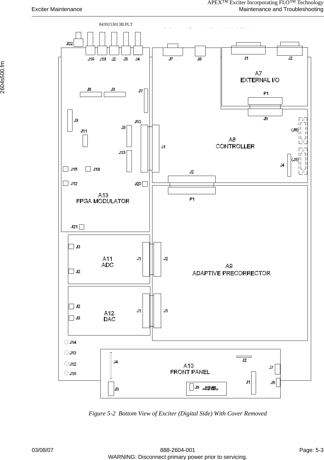 APEX™ Exciter Incorporating FLO™ TechnologyExciter Maintenance Maintenance and Troubleshooting2604s500.fm03/08/07 888-2604-001 Page: 5-3WARNING: Disconnect primary power prior to servicing.8439153013B.PLTFigure 5-2  Bottom View of Exciter (Digital Side) With Cover Removed