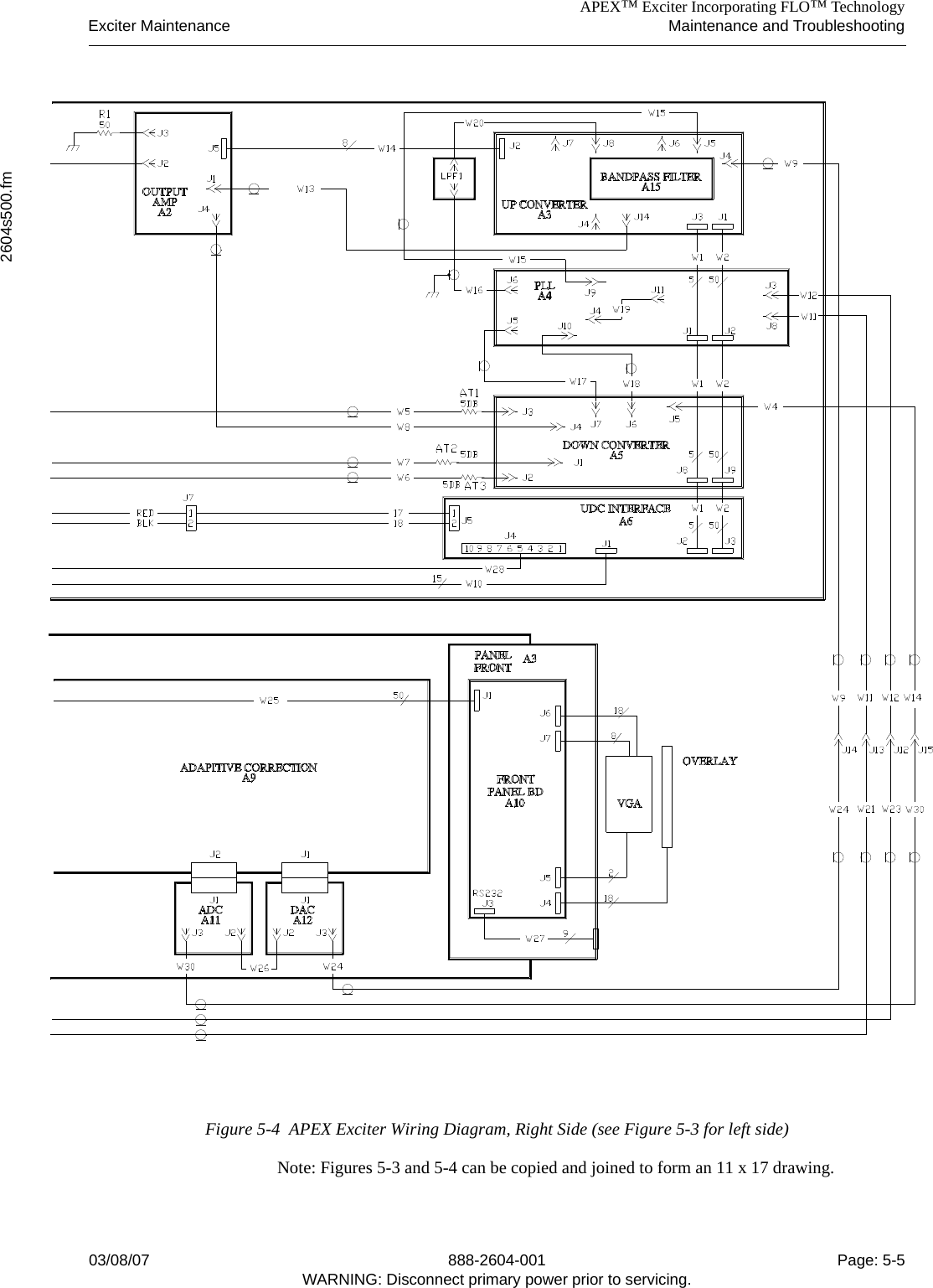 APEX™ Exciter Incorporating FLO™ TechnologyExciter Maintenance Maintenance and Troubleshooting2604s500.fm03/08/07 888-2604-001 Page: 5-5WARNING: Disconnect primary power prior to servicing.Figure 5-4  APEX Exciter Wiring Diagram, Right Side (see Figure 5-3 for left side)Note: Figures 5-3 and 5-4 can be copied and joined to form an 11 x 17 drawing.