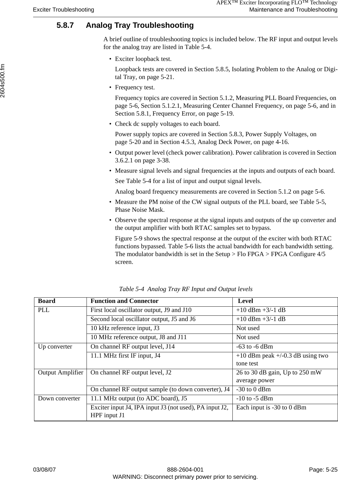 APEX™ Exciter Incorporating FLO™ TechnologyExciter Troubleshooting Maintenance and Troubleshooting2604s500.fm03/08/07 888-2604-001 Page: 5-25WARNING: Disconnect primary power prior to servicing.5.8.7 Analog Tray TroubleshootingA brief outline of troubleshooting topics is included below. The RF input and output levelsfor the analog tray are listed in Table 5-4.• Exciter loopback test. Loopback tests are covered in Section 5.8.5, Isolating Problem to the Analog or Digi-tal Tray, on page 5-21.• Frequency test. Frequency topics are covered in Section 5.1.2, Measuring PLL Board Frequencies, on page 5-6, Section 5.1.2.1, Measuring Center Channel Frequency, on page 5-6, and in Section 5.8.1, Frequency Error, on page 5-19.• Check dc supply voltages to each board.Power supply topics are covered in Section 5.8.3, Power Supply Voltages, on page 5-20 and in Section 4.5.3, Analog Deck Power, on page 4-16.• Output power level (check power calibration). Power calibration is covered in Section 3.6.2.1 on page 3-38. • Measure signal levels and signal frequencies at the inputs and outputs of each board.See Table 5-4 for a list of input and output signal levels.Analog board frequency measurements are covered in Section 5.1.2 on page 5-6.• Measure the PM noise of the CW signal outputs of the PLL board, see Table 5-5, Phase Noise Mask. • Observe the spectral response at the signal inputs and outputs of the up converter and the output amplifier with both RTAC samples set to bypass. Figure 5-9 shows the spectral response at the output of the exciter with both RTAC functions bypassed. Table 5-6 lists the actual bandwidth for each bandwidth setting. The modulator bandwidth is set in the Setup &gt; Flo FPGA &gt; FPGA Configure 4/5 screen.Table 5-4  Analog Tray RF Input and Output levelsBoard Function and Connector  LevelPLL First local oscillator output, J9 and J10 +10 dBm +3/-1 dBSecond local oscillator output, J5 and J6 +10 dBm +3/-1 dB10 kHz reference input, J3 Not used10 MHz reference output, J8 and J11 Not usedUp converter On channel RF output level, J14 -63 to -6 dBm11.1 MHz first IF input, J4 +10 dBm peak +/-0.3 dB using two tone testOutput Amplifier On channel RF output level, J2 26 to 30 dB gain, Up to 250 mW average powerOn channel RF output sample (to down converter), J4 -30 to 0 dBmDown converter 11.1 MHz output (to ADC board), J5 -10 to -5 dBmExciter input J4, IPA input J3 (not used), PA input J2, HPF input J1 Each input is -30 to 0 dBm