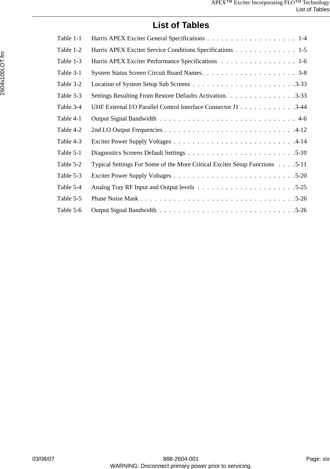 APEX™ Exciter Incorporating FLO™ TechnologyList of Tables2604s100LOT.fm03/08/07 888-2604-001 Page: xixWARNING: Disconnect primary power prior to servicing.List of TablesTable 1-1 Harris APEX Exciter General Specifications .  .  .  .  .  .  .  .  .  .  .  .  .  .  .  .  .  .  .  1-4Table 1-2 Harris APEX Exciter Service Conditions Specifications  .  .  .  .  .  .  .  .  .  .  .  .  .  1-5Table 1-3 Harris APEX Exciter Performance Specifications   .  .  .  .  .  .  .  .  .  .  .  .  .  .  .  .  1-6Table 3-1 System Status Screen Circuit Board Names.  .  .  .  .  .  .  .  .  .  .  .  .  .  .  .  .  .  .  .  3-8Table 3-2 Location of System Setup Sub Screens  .  .  .  .  .  .  .  .  .  .  .  .  .  .  .  .  .  .  .  .  .  .3-33Table 3-3 Settings Resulting From Restore Defaults Activation.  .  .  .  .  .  .  .  .  .  .  .  .  .  .3-33Table 3-4 UHF External I/O Parallel Control Interface Connector J1 .  .  .  .  .  .  .  .  .  .  .  .3-44Table 4-1 Output Signal Bandwidth  .  .  .  .  .  .  .  .  .  .  .  .  .  .  .  .  .  .  .  .  .  .  .  .  .  .  .  .  .  4-6Table 4-2 2nd LO Output Frequencies .  .  .  .  .  .  .  .  .  .  .  .  .  .  .  .  .  .  .  .  .  .  .  .  .  .  .  .4-12Table 4-3 Exciter Power Supply Voltages  .  .  .  .  .  .  .  .  .  .  .  .  .  .  .  .  .  .  .  .  .  .  .  .  .  .4-14Table 5-1 Diagnostics Screens Default Settings  .  .  .  .  .  .  .  .  .  .  .  .  .  .  .  .  .  .  .  .  .  .  .5-10Table 5-2 Typical Settings For Some of the More Critical Exciter Setup Functions   .  .  .  .5-11Table 5-3 Exciter Power Supply Voltages  .  .  .  .  .  .  .  .  .  .  .  .  .  .  .  .  .  .  .  .  .  .  .  .  .  .5-20Table 5-4 Analog Tray RF Input and Output levels  .  .  .  .  .  .  .  .  .  .  .  .  .  .  .  .  .  .  .  .  .5-25Table 5-5 Phase Noise Mask .  .  .  .  .  .  .  .  .  .  .  .  .  .  .  .  .  .  .  .  .  .  .  .  .  .  .  .  .  .  .  .  .5-26Table 5-6 Output Signal Bandwidth  .  .  .  .  .  .  .  .  .  .  .  .  .  .  .  .  .  .  .  .  .  .  .  .  .  .  .  .  .5-26