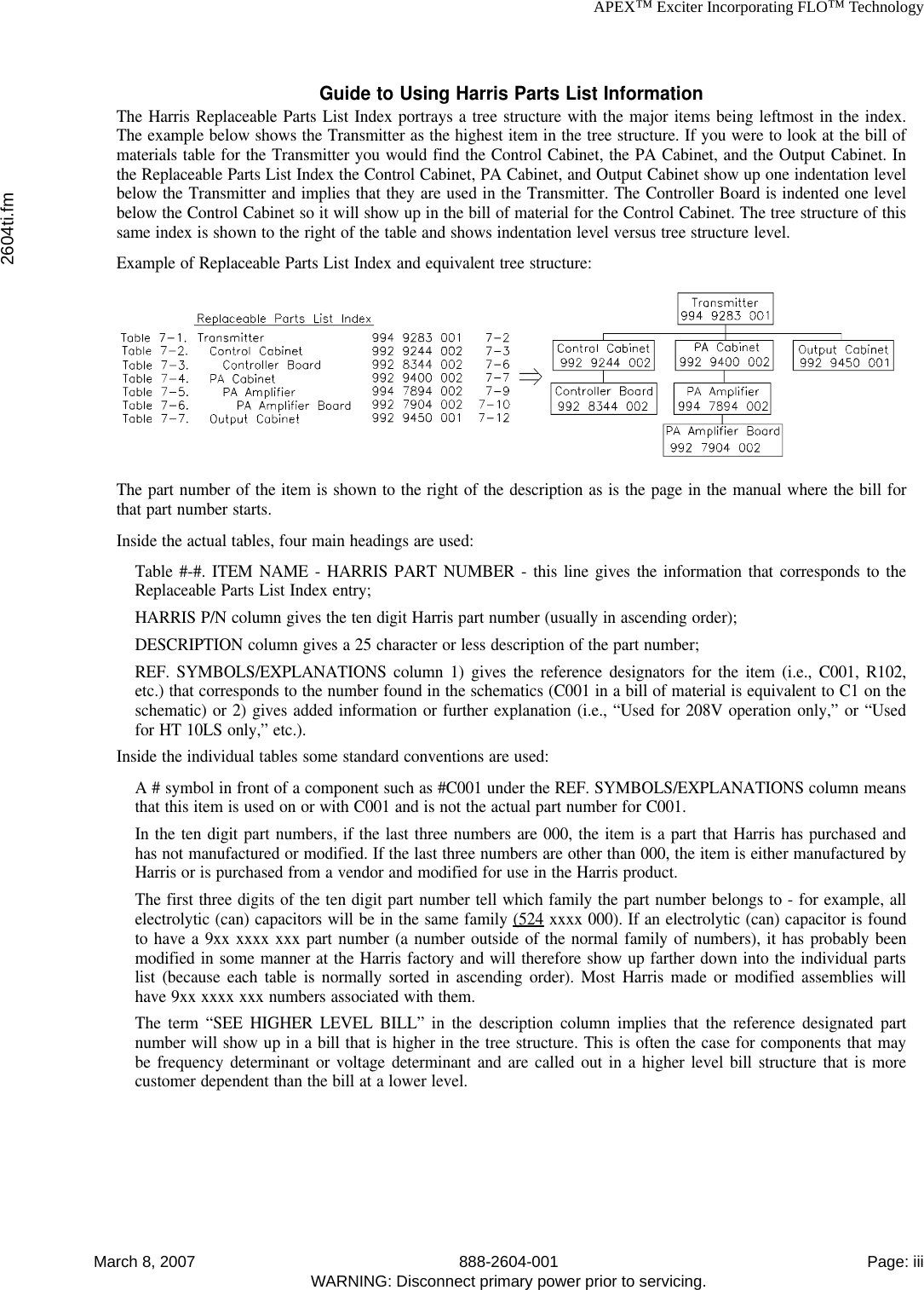 APEX™ Exciter Incorporating FLO™ Technology2604ti.fmMarch 8, 2007 888-2604-001 Page: iiiWARNING: Disconnect primary power prior to servicing.Guide to Using Harris Parts List InformationThe Harris Replaceable Parts List Index portrays a tree structure with the major items being leftmost in the index.The example below shows the Transmitter as the highest item in the tree structure. If you were to look at the bill ofmaterials table for the Transmitter you would find the Control Cabinet, the PA Cabinet, and the Output Cabinet. Inthe Replaceable Parts List Index the Control Cabinet, PA Cabinet, and Output Cabinet show up one indentation levelbelow the Transmitter and implies that they are used in the Transmitter. The Controller Board is indented one levelbelow the Control Cabinet so it will show up in the bill of material for the Control Cabinet. The tree structure of thissame index is shown to the right of the table and shows indentation level versus tree structure level.Example of Replaceable Parts List Index and equivalent tree structure:The part number of the item is shown to the right of the description as is the page in the manual where the bill forthat part number starts.Inside the actual tables, four main headings are used:Table #-#. ITEM NAME - HARRIS PART NUMBER - this line gives the information that corresponds to theReplaceable Parts List Index entry;HARRIS P/N column gives the ten digit Harris part number (usually in ascending order);DESCRIPTION column gives a 25 character or less description of the part number;REF. SYMBOLS/EXPLANATIONS column 1) gives the reference designators for the item (i.e., C001, R102,etc.) that corresponds to the number found in the schematics (C001 in a bill of material is equivalent to C1 on theschematic) or 2) gives added information or further explanation (i.e., “Used for 208V operation only,” or “Usedfor HT 10LS only,” etc.).Inside the individual tables some standard conventions are used:A # symbol in front of a component such as #C001 under the REF. SYMBOLS/EXPLANATIONS column meansthat this item is used on or with C001 and is not the actual part number for C001.In the ten digit part numbers, if the last three numbers are 000, the item is a part that Harris has purchased andhas not manufactured or modified. If the last three numbers are other than 000, the item is either manufactured byHarris or is purchased from a vendor and modified for use in the Harris product.The first three digits of the ten digit part number tell which family the part number belongs to - for example, allelectrolytic (can) capacitors will be in the same family (524 xxxx 000). If an electrolytic (can) capacitor is foundto have a 9xx xxxx xxx part number (a number outside of the normal family of numbers), it has probably beenmodified in some manner at the Harris factory and will therefore show up farther down into the individual partslist (because each table is normally sorted in ascending order). Most Harris made or modified assemblies willhave 9xx xxxx xxx numbers associated with them.The term “SEE HIGHER LEVEL BILL” in the description column implies that the reference designated partnumber will show up in a bill that is higher in the tree structure. This is often the case for components that maybe frequency determinant or voltage determinant and are called out in a higher level bill structure that is morecustomer dependent than the bill at a lower level.