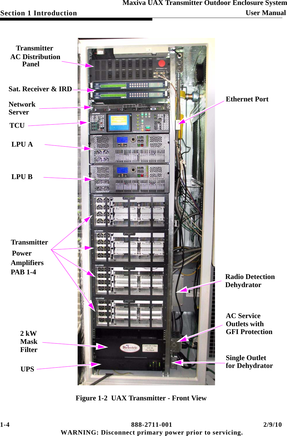 1-4 888-2711-001 2/9/10 WARNING: Disconnect primary power prior to servicing.Section 1 Introduction User ManualMaxiva UAX Transmitter Outdoor Enclosure SystemFigure 1-2  UAX Transmitter - Front ViewAC DistributionPanelEthernet PortSat. Receiver &amp; IRDNetworkTCULPU ALPU BTransmitterPowerAmplifiers2 kWMaskFilterUPSRadio DetectionDehydratorAC ServiceOutlets withGFI ProtectionSingle Outletfor DehydratorTransmitterPAB 1-4 Server