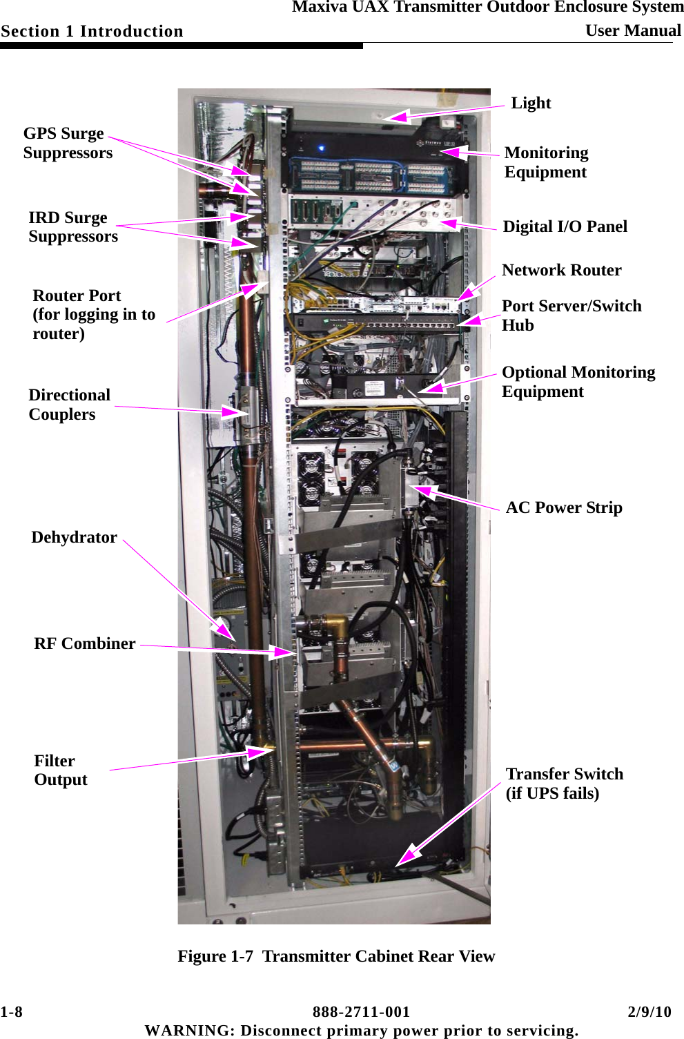 1-8 888-2711-001 2/9/10 WARNING: Disconnect primary power prior to servicing.Section 1 Introduction User ManualMaxiva UAX Transmitter Outdoor Enclosure SystemFigure 1-7  Transmitter Cabinet Rear ViewGPS SurgeSuppressorsIRD SurgeSuppressorsRouter Port(for logging in torouter)DirectionalCouplersDehydratorRF CombinerFilterOutput Transfer Switch(if UPS fails)AC Power StripOptional MonitoringPort Server/SwitchHubNetwork RouterDigital I/O PanelMonitoringLightEquipmentEquipment