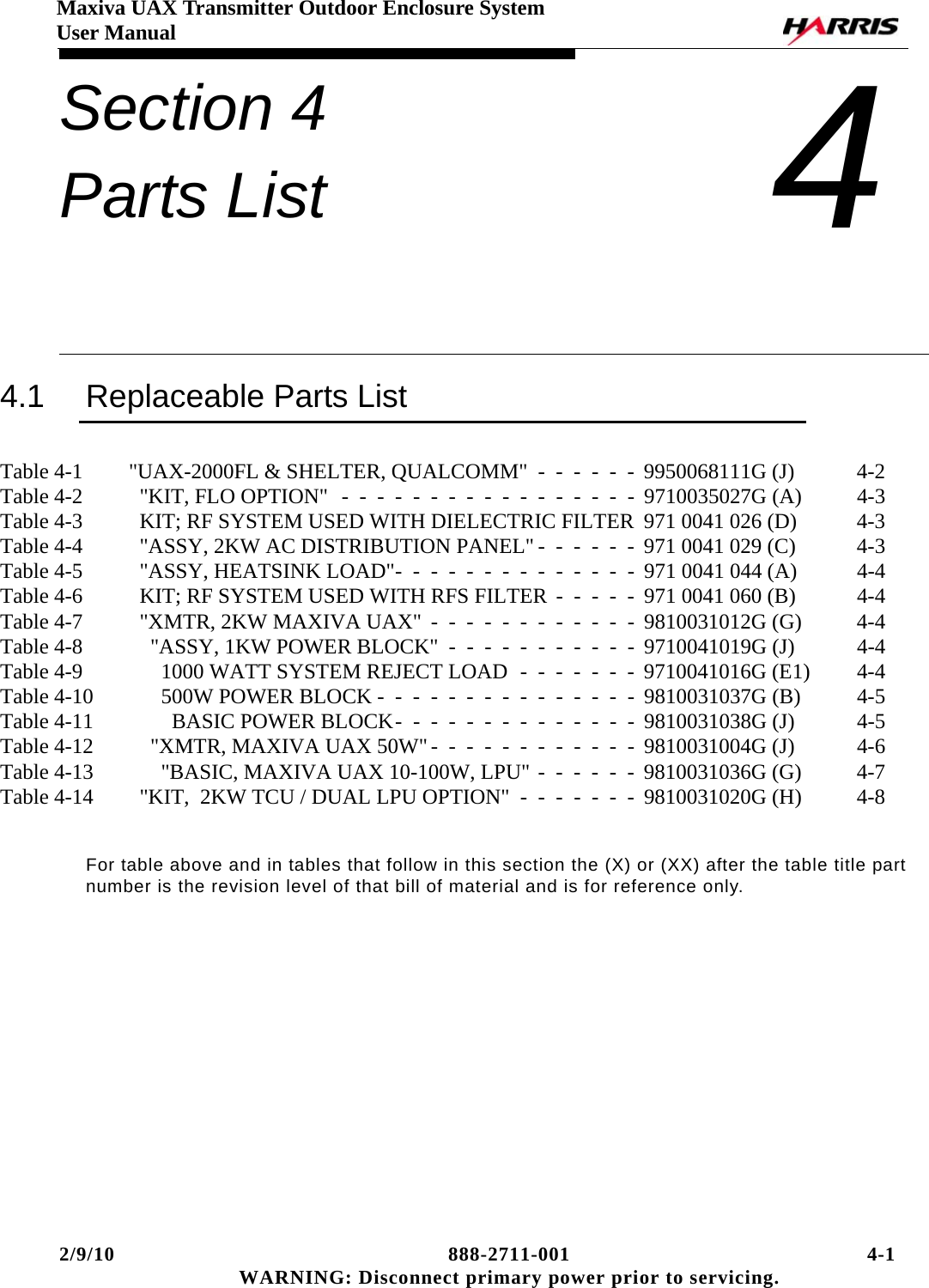 2/9/10 888-2711-001 4-1 WARNING: Disconnect primary power prior to servicing.Maxiva UAX Transmitter Outdoor Enclosure SystemUser ManualSection 4 Parts List 44.1 Replaceable Parts ListTable 4-1 &quot;UAX-2000FL &amp; SHELTER, QUALCOMM&quot;  -  -  -  -  -  -  9950068111G (J)  4-2Table 4-2   &quot;KIT, FLO OPTION&quot;  -  -  -  -  -  -  -  -  -  -  -  -  -  -  -  -  -  9710035027G (A)  4-3Table 4-3   KIT; RF SYSTEM USED WITH DIELECTRIC FILTER  971 0041 026 (D)  4-3Table 4-4   &quot;ASSY, 2KW AC DISTRIBUTION PANEL&quot; -  -  -  -  -  -  971 0041 029 (C)  4-3Table 4-5   &quot;ASSY, HEATSINK LOAD&quot;-  -  -  -  -  -  -  -  -  -  -  -  -  -  971 0041 044 (A)  4-4Table 4-6   KIT; RF SYSTEM USED WITH RFS FILTER -  -  -  -  -  971 0041 060 (B)  4-4Table 4-7   &quot;XMTR, 2KW MAXIVA UAX&quot;  -  -  -  -  -  -  -  -  -  -  -  -  9810031012G (G)  4-4Table 4-8     &quot;ASSY, 1KW POWER BLOCK&quot;  -  -  -  -  -  -  -  -  -  -  -  9710041019G (J)  4-4Table 4-9       1000 WATT SYSTEM REJECT LOAD  -  -  -  -  -  -  -  9710041016G (E1)  4-4Table 4-10       500W POWER BLOCK -  -  -  -  -  -  -  -  -  -  -  -  -  -  -  9810031037G (B)  4-5Table 4-11         BASIC POWER BLOCK-  -  -  -  -  -  -  -  -  -  -  -  -  -  9810031038G (J)  4-5Table 4-12     &quot;XMTR, MAXIVA UAX 50W&quot;-  -  -  -  -  -  -  -  -  -  -  -  9810031004G (J)  4-6Table 4-13       &quot;BASIC, MAXIVA UAX 10-100W, LPU&quot; -  -  -  -  -  -  9810031036G (G)  4-7Table 4-14   &quot;KIT,  2KW TCU / DUAL LPU OPTION&quot;  -  -  -  -  -  -  -  9810031020G (H)  4-8For table above and in tables that follow in this section the (X) or (XX) after the table title part number is the revision level of that bill of material and is for reference only.