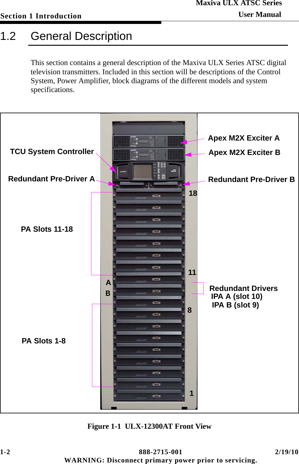 1-2 888-2715-001 2/19/10 WARNING: Disconnect primary power prior to servicing.Section 1 IntroductionMaxiva ULX ATSC SeriesUser Manual1.2 General DescriptionThis section contains a general description of the Maxiva ULX Series ATSC digital television transmitters. Included in this section will be descriptions of the Control System, Power Amplifier, block diagrams of the different models and system specifications.Figure 1-1  ULX-12300AT Front ViewRedundant DriversRedundant Pre-Driver AApex M2X Exciter BPA Slots 11-18Apex M2X Exciter ARedundant Pre-Driver BPA Slots 1-8TCU System Controller       IPA A (slot 10)1118AB 81 IPA B (slot 9)