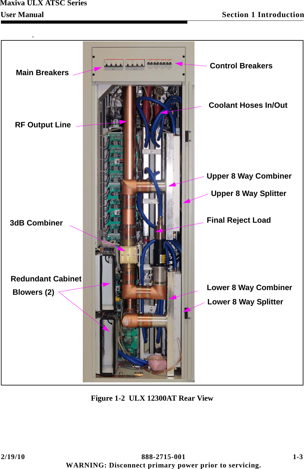 2/19/10 888-2715-001 1-3 WARNING: Disconnect primary power prior to servicing.Section 1 IntroductionMaxiva ULX ATSC SeriesUser Manual.Figure 1-2  ULX 12300AT Rear ViewUpper 8 Way Combiner3dB CombinerCoolant Hoses In/OutMain BreakersFinal Reject LoadRedundant Cabinet RF Output LineControl BreakersLower 8 Way CombinerBlowers (2)Upper 8 Way SplitterLower 8 Way Splitter