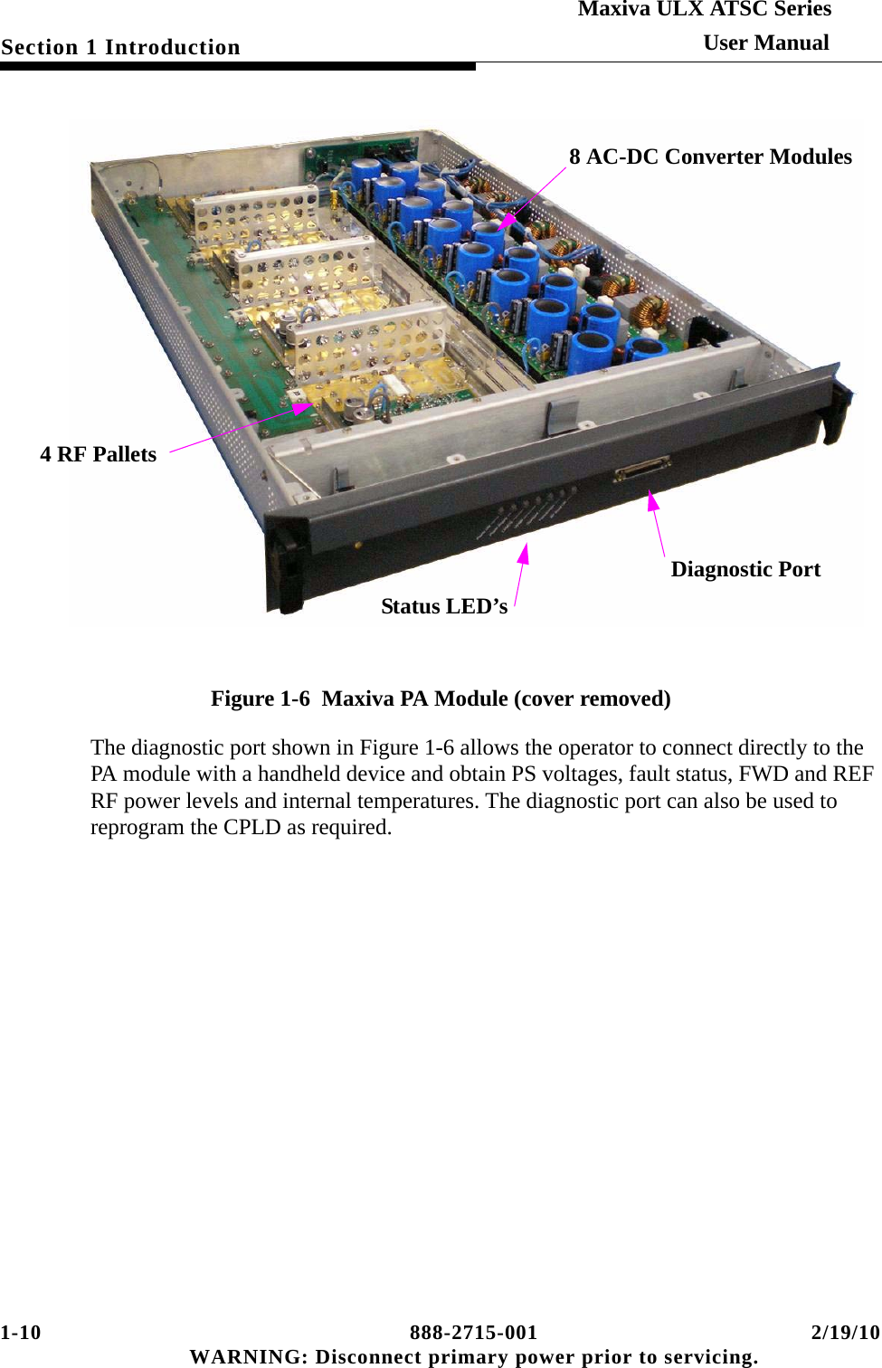 1-10 888-2715-001 2/19/10 WARNING: Disconnect primary power prior to servicing.Section 1 IntroductionMaxiva ULX ATSC SeriesUser ManualFigure 1-6  Maxiva PA Module (cover removed)The diagnostic port shown in Figure 1-6 allows the operator to connect directly to the PA module with a handheld device and obtain PS voltages, fault status, FWD and REF RF power levels and internal temperatures. The diagnostic port can also be used to reprogram the CPLD as required.8 AC-DC Converter Modules4 RF PalletsStatus LED’sDiagnostic Port