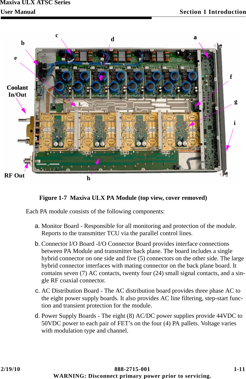 2/19/10 888-2715-001 1-11 WARNING: Disconnect primary power prior to servicing.Section 1 IntroductionMaxiva ULX ATSC SeriesUser ManualFigure 1-7  Maxiva ULX PA Module (top view, cover removed)Each PA module consists of the following components:a. Monitor Board - Responsible for all monitoring and protection of the module. Reports to the transmitter TCU via the parallel control lines.b. Connector I/O Board -I/O Connector Board provides interface connections between PA Module and transmitter back plane. The board includes a single hybrid connector on one side and five (5) connectors on the other side. The large hybrid connector interfaces with mating connector on the back plane board. It contains seven (7) AC contacts, twenty four (24) small signal contacts, and a sin-gle RF coaxial connector. c. AC Distribution Board - The AC distribution board provides three phase AC to the eight power supply boards. It also provides AC line filtering, step-start func-tion and transient protection for the module.d. Power Supply Boards - The eight (8) AC/DC power supplies provide 44VDC to 50VDC power to each pair of FET’s on the four (4) PA pallets. Voltage varies with modulation type and channel.Coolant In/OutRF OutCoolantacaghedabfi