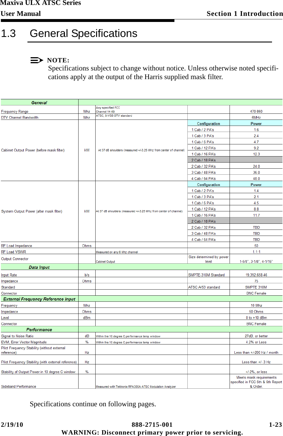 2/19/10 888-2715-001 1-23 WARNING: Disconnect primary power prior to servicing.Section 1 IntroductionMaxiva ULX ATSC SeriesUser Manual1.3 General SpecificationsNOTE:Specifications subject to change without notice. Unless otherwise noted specifi-cations apply at the output of the Harris supplied mask filter.Specifications continue on following pages.