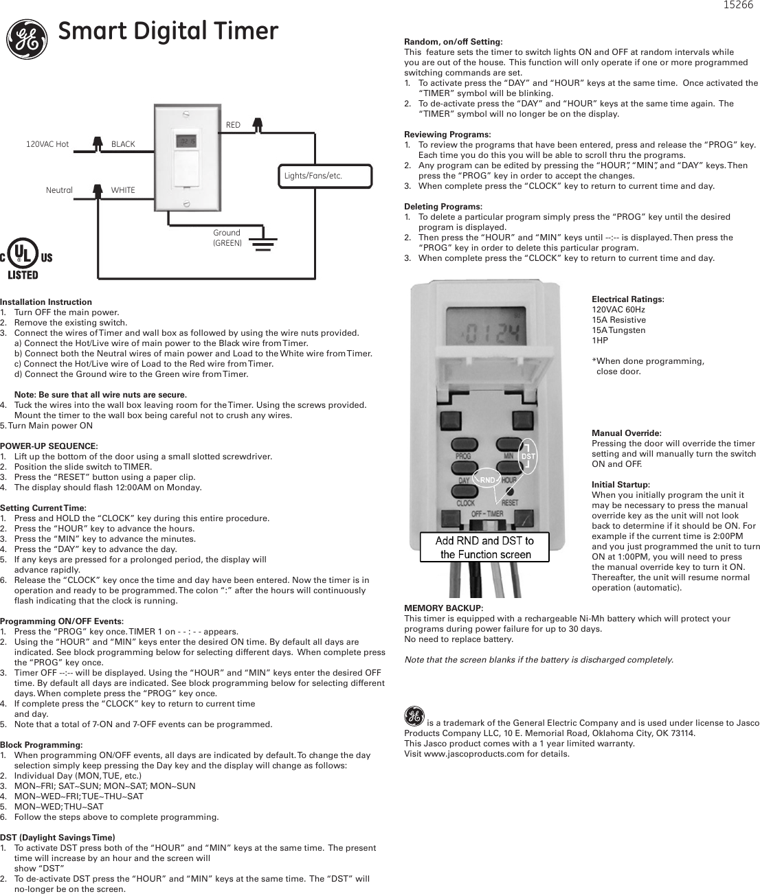 Page 1 of 2 - Ge-Appliances Ge-15266-Inwall-Digital-Timer-Owners-Manual
