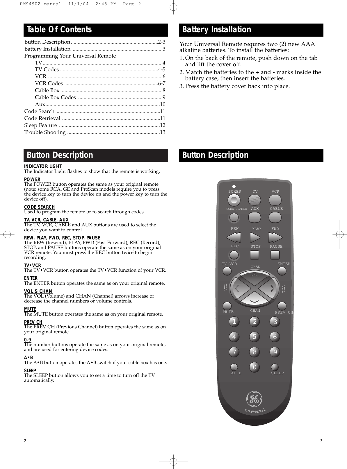 Page 1 of 8 - Ge-Appliances Ge-94902-Ge-Universal-Remote-Owners-Manual RM94902 Manual