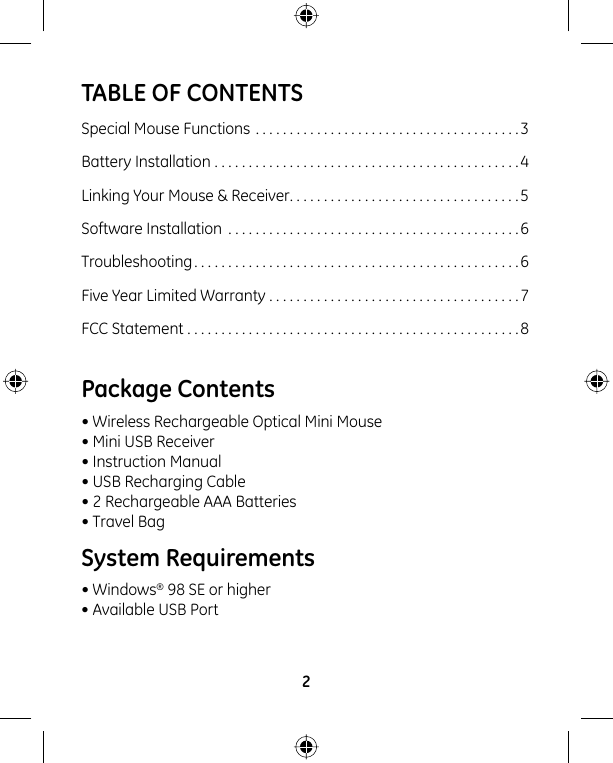 Page 2 of 8 - Ge-Appliances Ge-97663-Ge-Wireless-Rechargeable-Optical-Mini-Mouse-Owners-Manual 97663-1 Manual