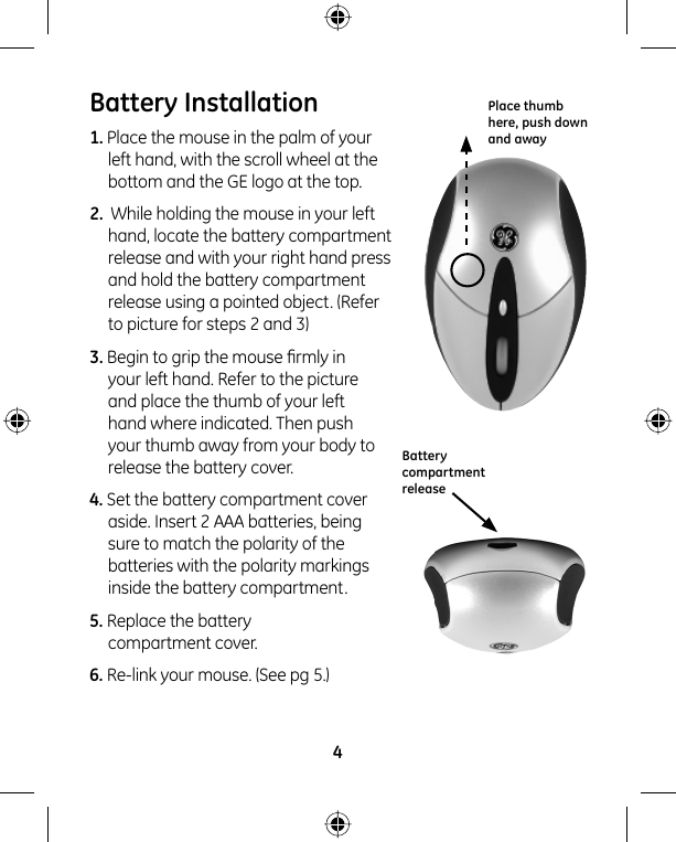 Page 4 of 8 - Ge-Appliances Ge-97663-Ge-Wireless-Rechargeable-Optical-Mini-Mouse-Owners-Manual 97663-1 Manual
