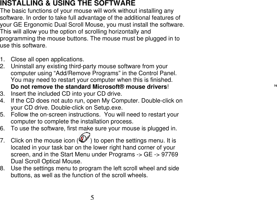 Page 5 of 9 - Ge-Appliances Ge-97769-Ge-Wired-Dual-Scroll-Optical-Mouse-For-Pcs-Owners-Manual - 97769 English