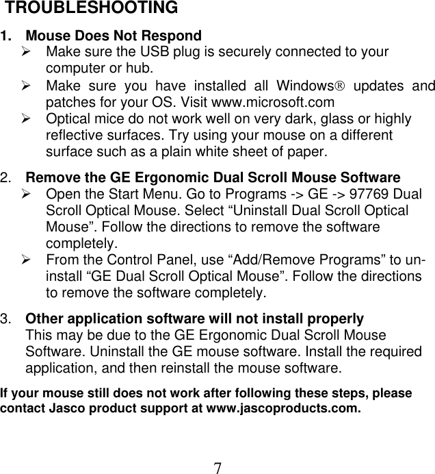 Page 7 of 9 - Ge-Appliances Ge-97769-Ge-Wired-Dual-Scroll-Optical-Mouse-For-Pcs-Owners-Manual - 97769 English