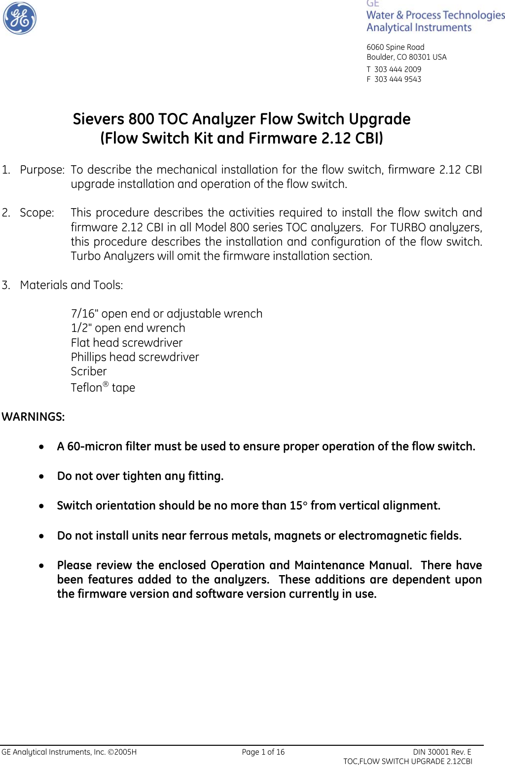 Ge Appliances Sievers Toc Analyzer Flow Switch 800 Users Manual DIN30001