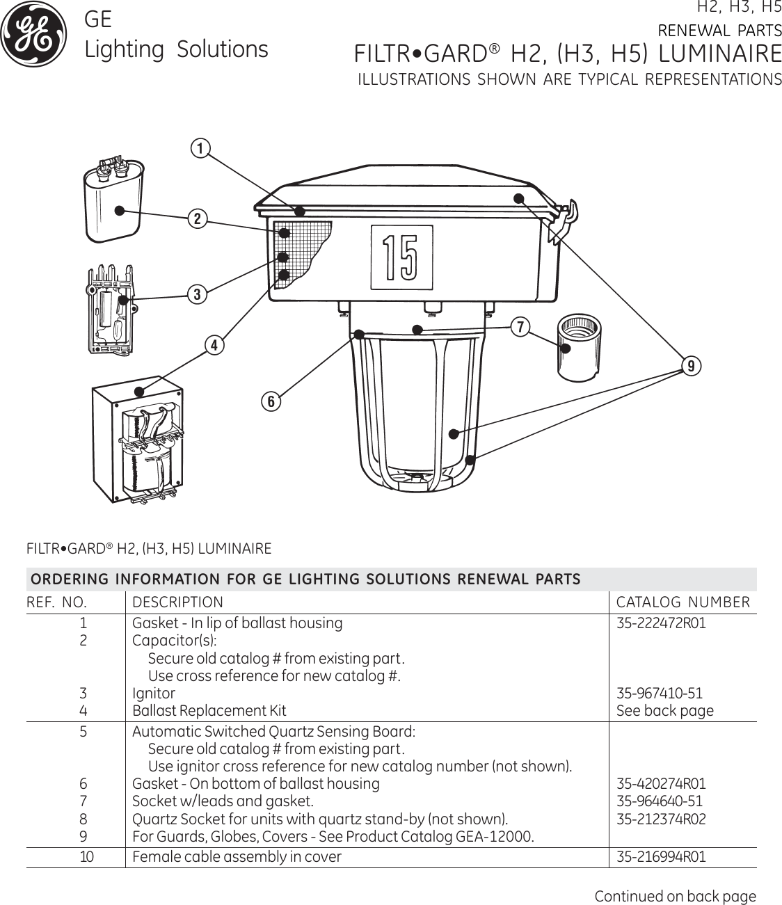 Page 1 of 2 - Ge-Appliances Ge-H2-And-H2U-Luminaire-Renewal-Parts- GE Hazardous Location Lighting Fixture Filtr-Gard Luminaire H2 H3 H5 Renewal Parts |  Ge-h2-and-h2u-luminaire-renewal-parts