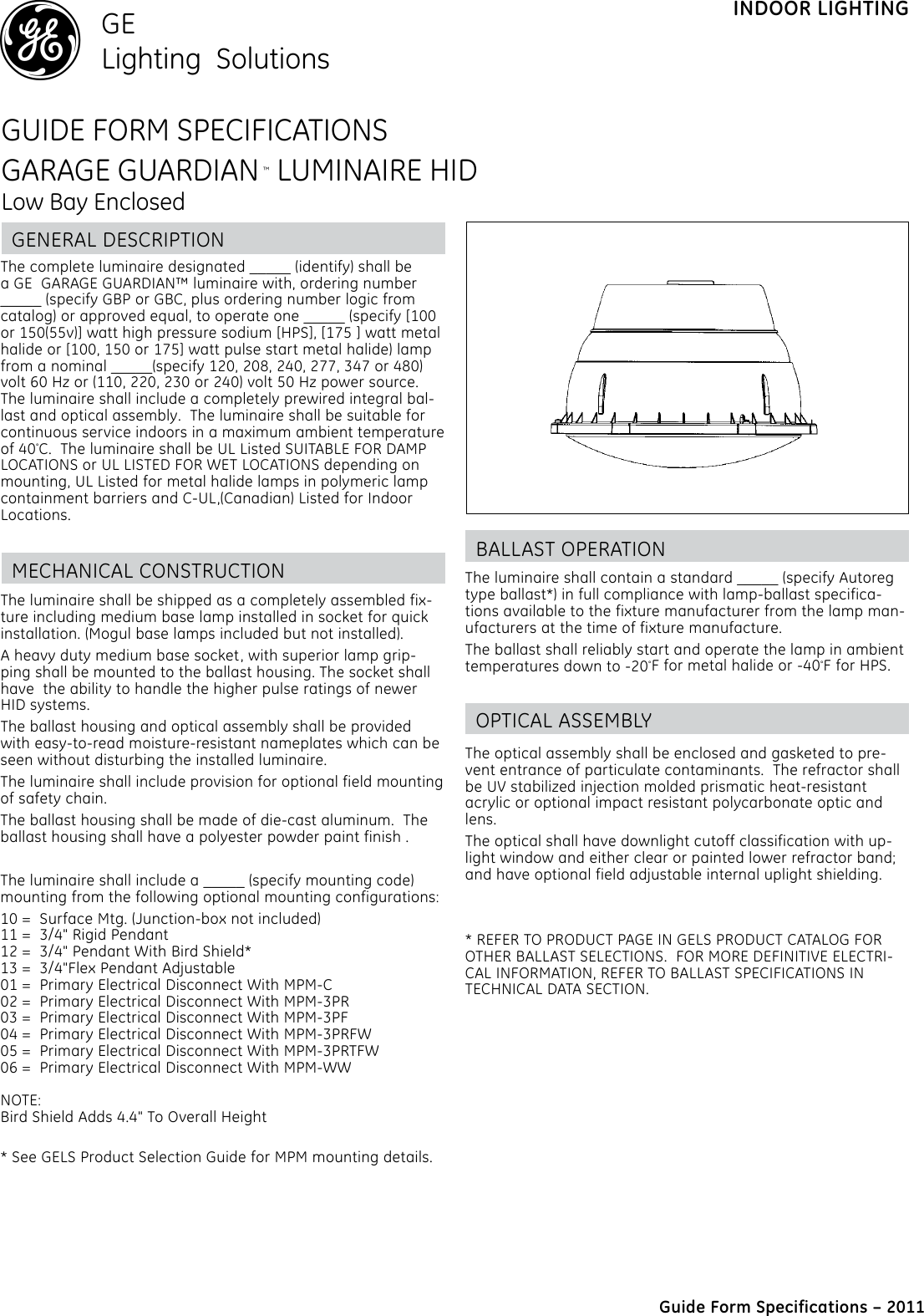 Page 1 of 2 - Ge-Appliances Ge-Hid-Specification-Sheet- GE Indoor Lighting Fixtures Parking Garage Guardian HID Spec Sheet |  Ge-hid-specification-sheet