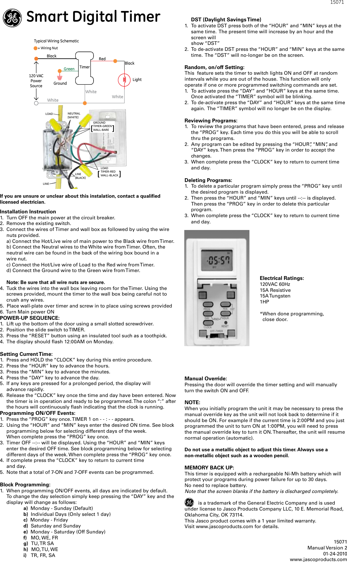 Page 1 of 1 - Ge-Appliances Ge-Inwall-15071-Ge-Smart-Digital-Timer-Owners-Manual