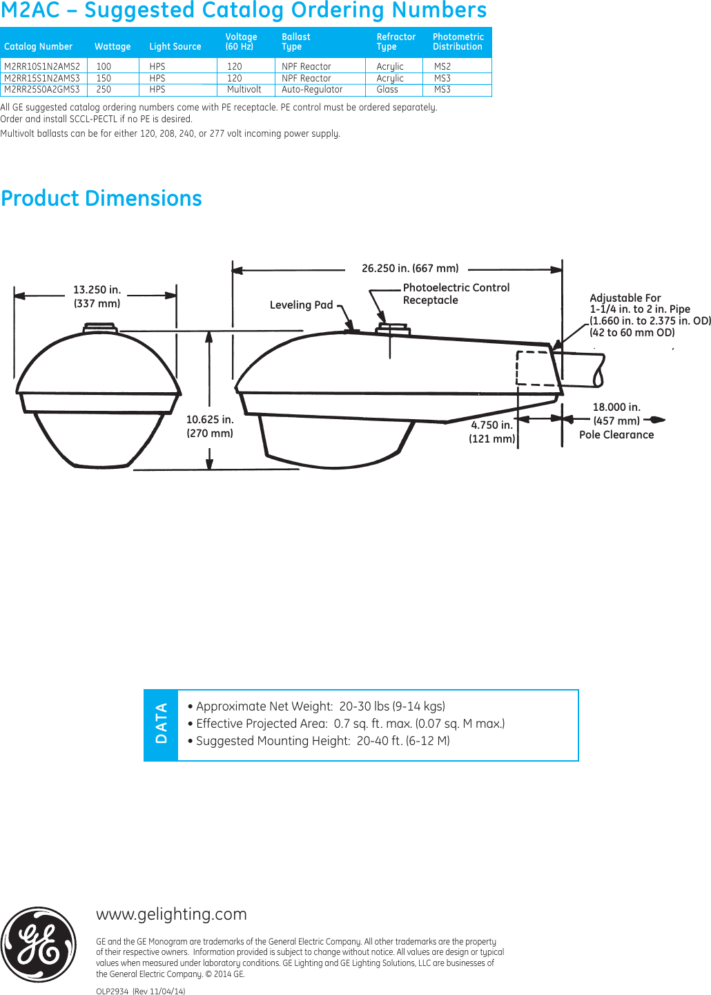 Page 4 of 4 - Ge-Appliances Ge-M-250R2-Data-Sheet- GE Roadway Lighting M2RR M250R2 — Data Sheet | OLP2934  Ge-m-250r2-data-sheet