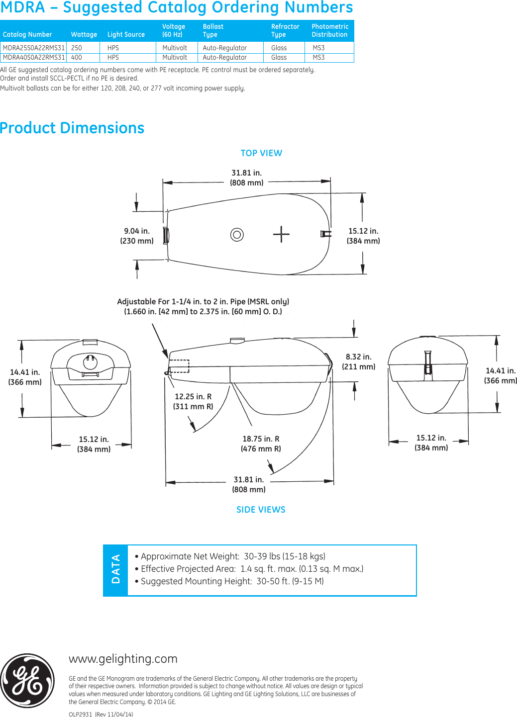 Page 4 of 4 - Ge-Appliances Ge-M-400A-Data-Sheet- GE Roadway Lighting MDRA & MDRL M400A Power Door — Data Sheet | OLP2931  Ge-m-400a-data-sheet