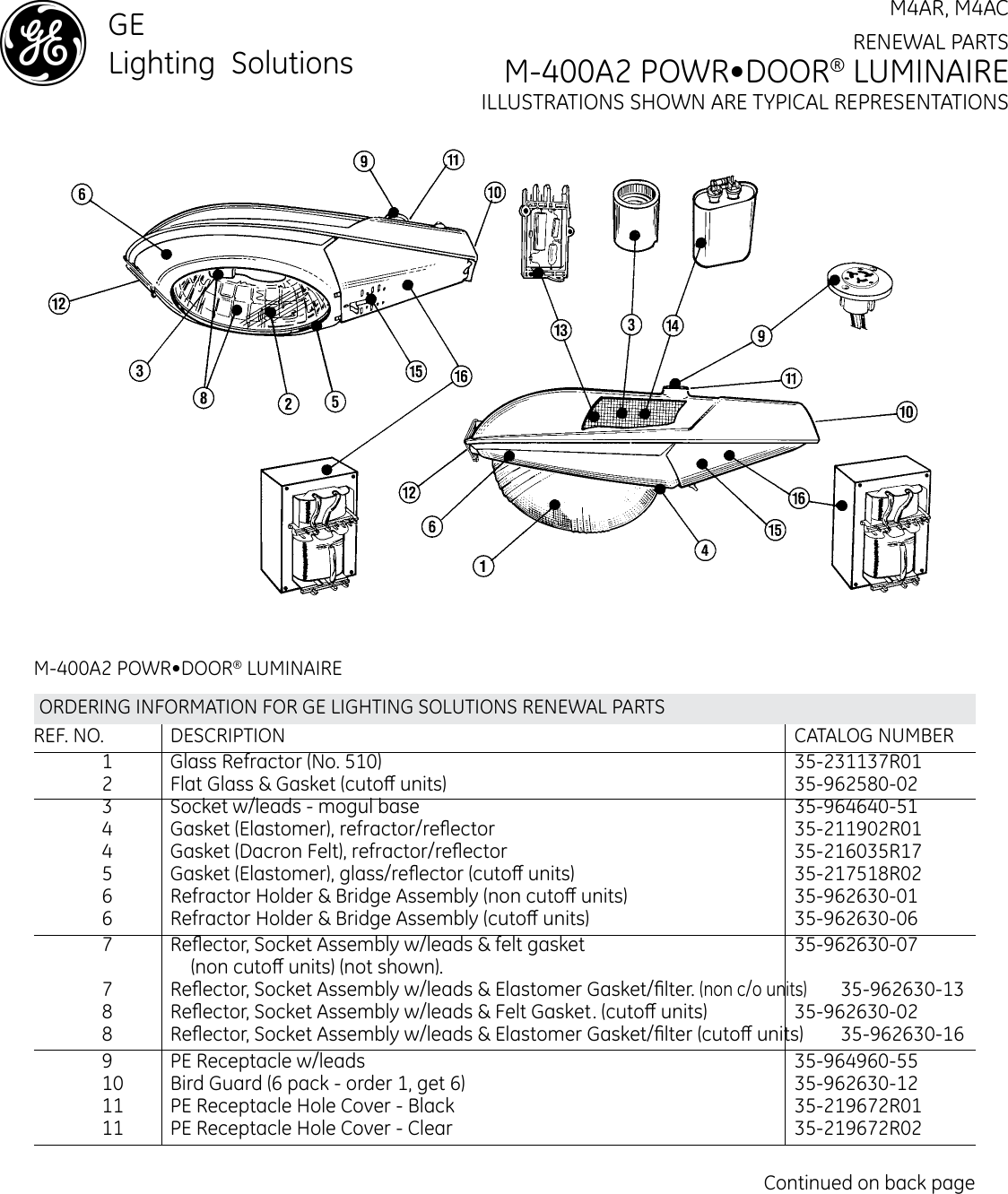 Page 1 of 2 - Ge-Appliances Ge-M-400R2-Renewal-Parts- GE Outdoor Roadway Lighting M-400A2 PowrDoor Luminaire Renewal Parts |  Ge-m-400r2-renewal-parts