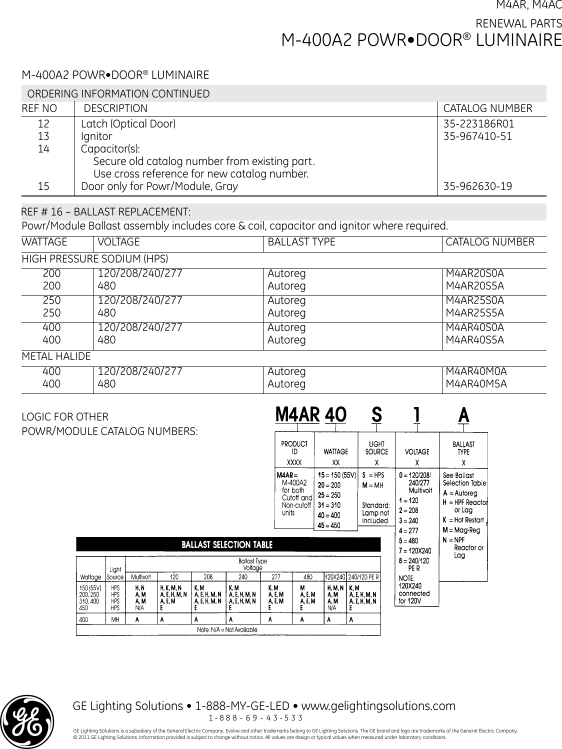 Page 2 of 2 - Ge-Appliances Ge-M-400R2-Renewal-Parts- GE Outdoor Roadway Lighting M-400A2 PowrDoor Luminaire Renewal Parts |  Ge-m-400r2-renewal-parts