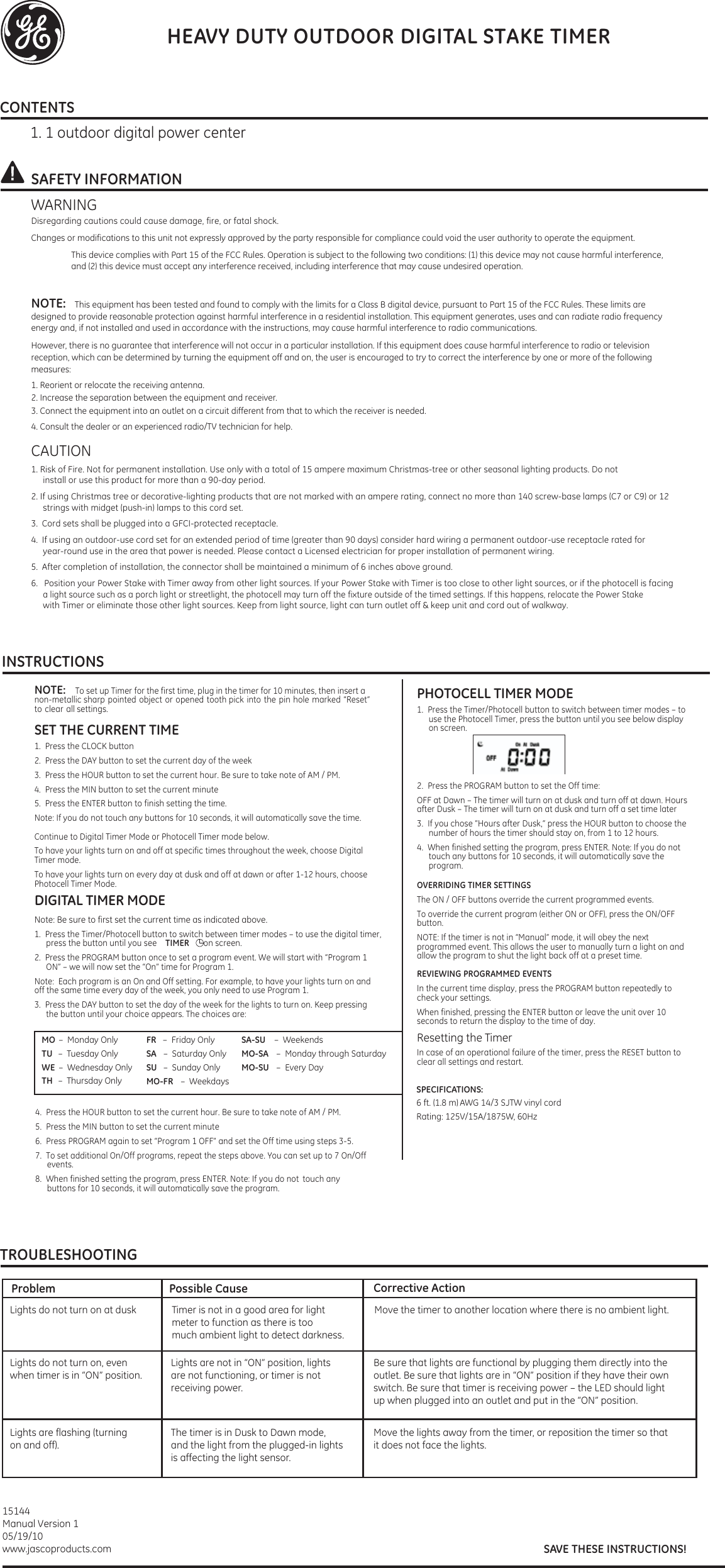 Page 1 of 2 - Ge-Appliances Ge-Outdoor-15144-Digital-Stake-Timer-Owners-Manual 15144 Manual Version 1