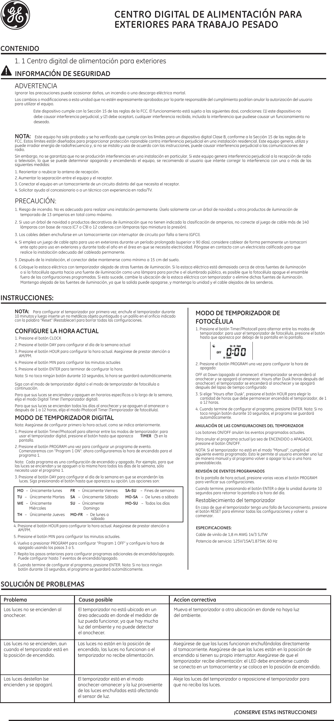 Page 2 of 2 - Ge-Appliances Ge-Outdoor-15144-Digital-Stake-Timer-Owners-Manual 15144 Manual Version 1