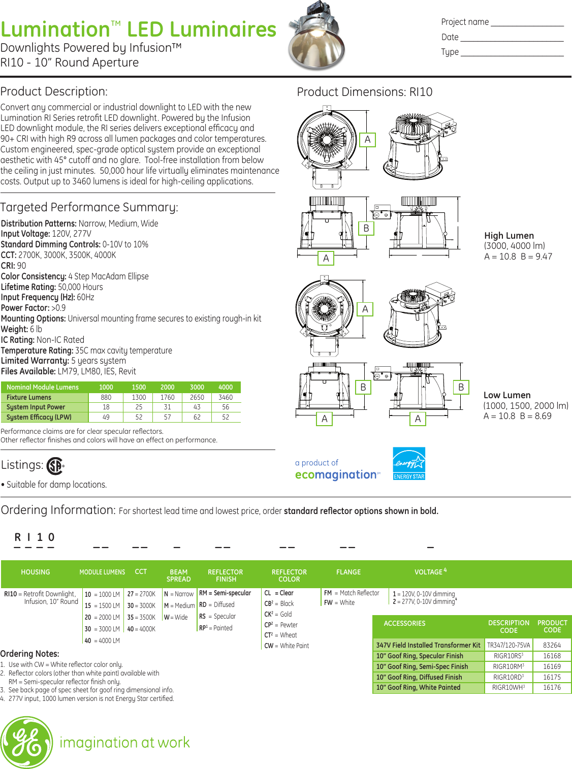 Ge Appliances Ri Series Specification Sheet Lumination LED Fixtures ...