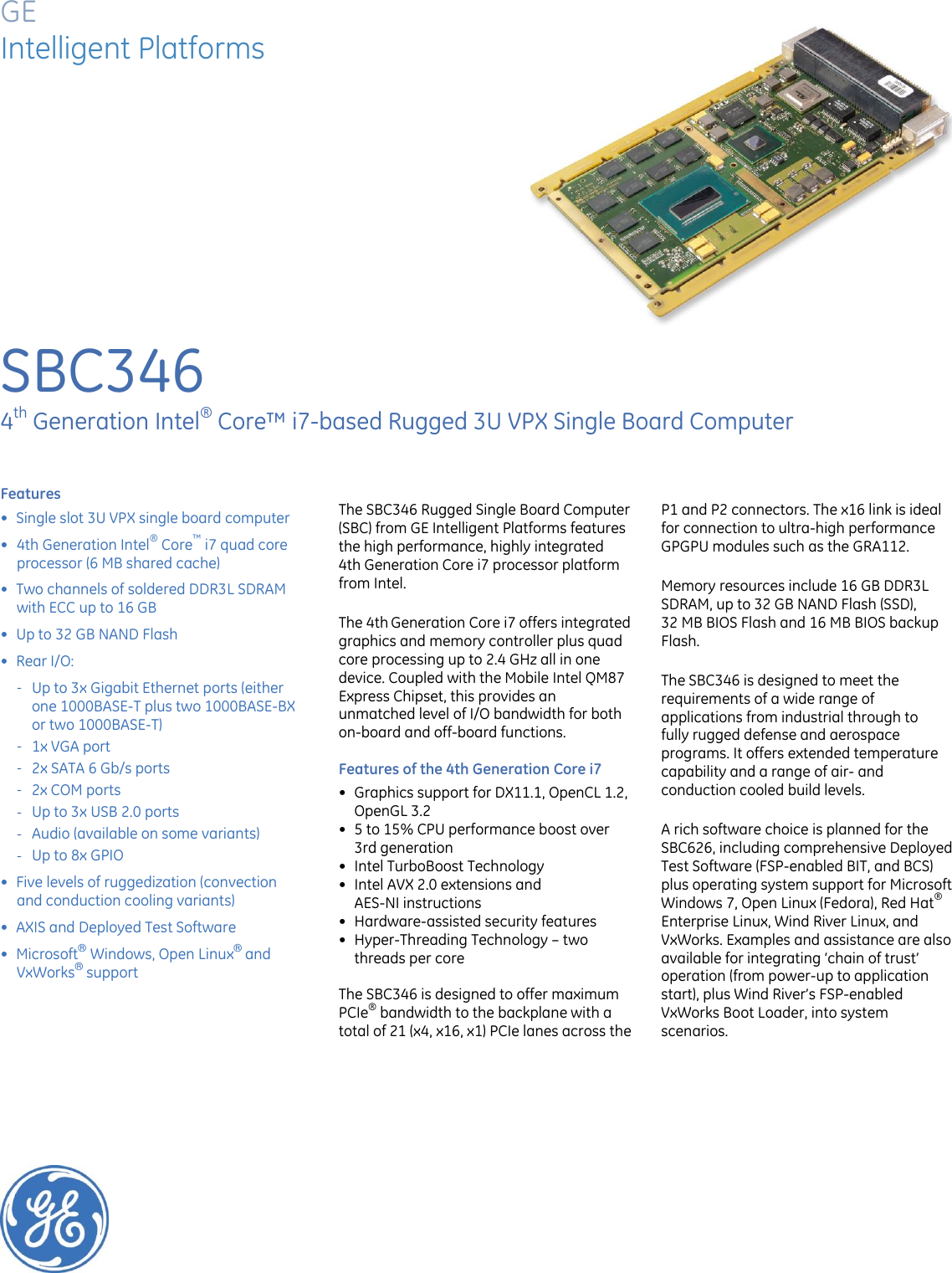 Page 1 of 2 - Ge-Appliances Ge-Sbc346-3U-Openvpx-Single-Board-Computer-Data-Sheet- Ge-sbc346-3u-openvpx-single-board-computer-data-sheet