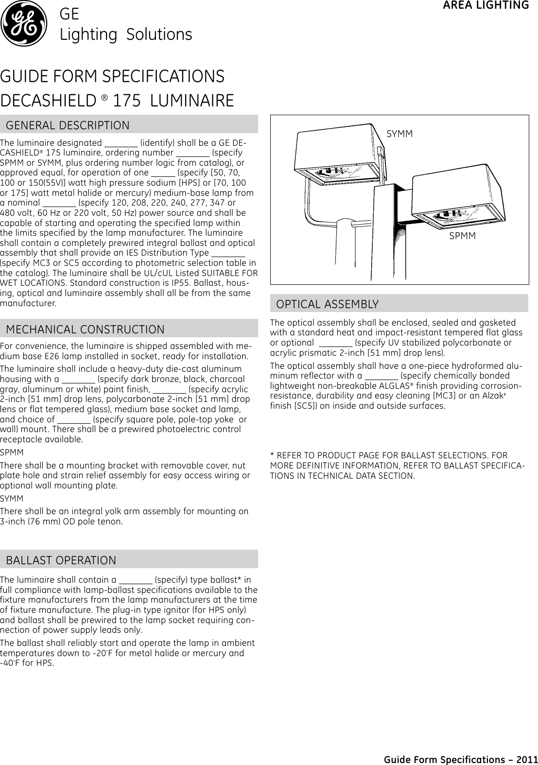 Page 1 of 2 - Ge-Appliances Ge-Spmm-And-Symm-Specification-Sheet- GE Outdoor Area Site Lighting Decashield 175 Luminaire Spec Sheet |  Ge-spmm-and-symm-specification-sheet