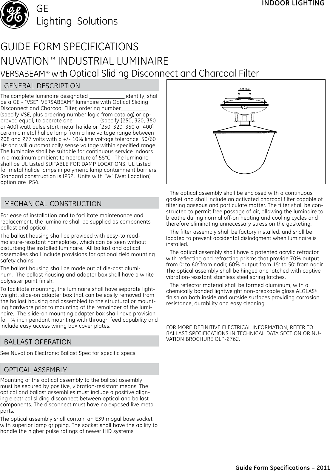 Page 1 of 2 - Ge-Appliances Ge-Vse-Specification-Sheet- GE Indoor Lighting Fixtures Low Bay Versabeam Disconnect NuVation Industrial Luminaire Spec Sheet |  Ge-vse-specification-sheet